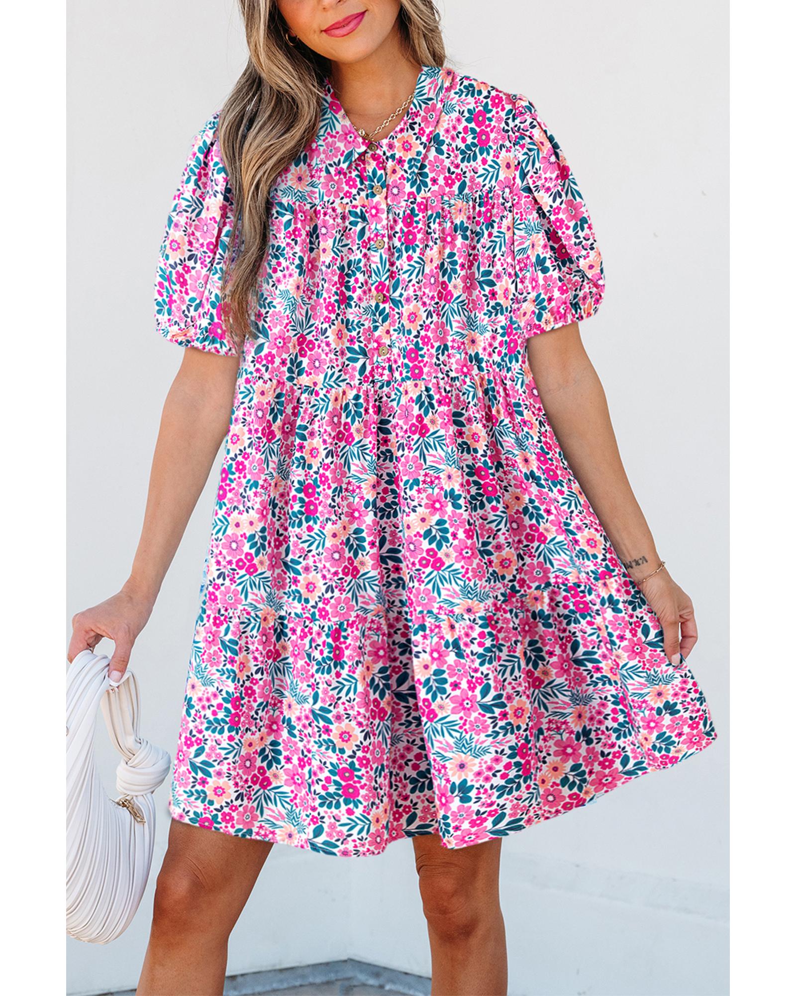 Pink Floral Collared Half Placket Short Sleeve Loose Dress - L