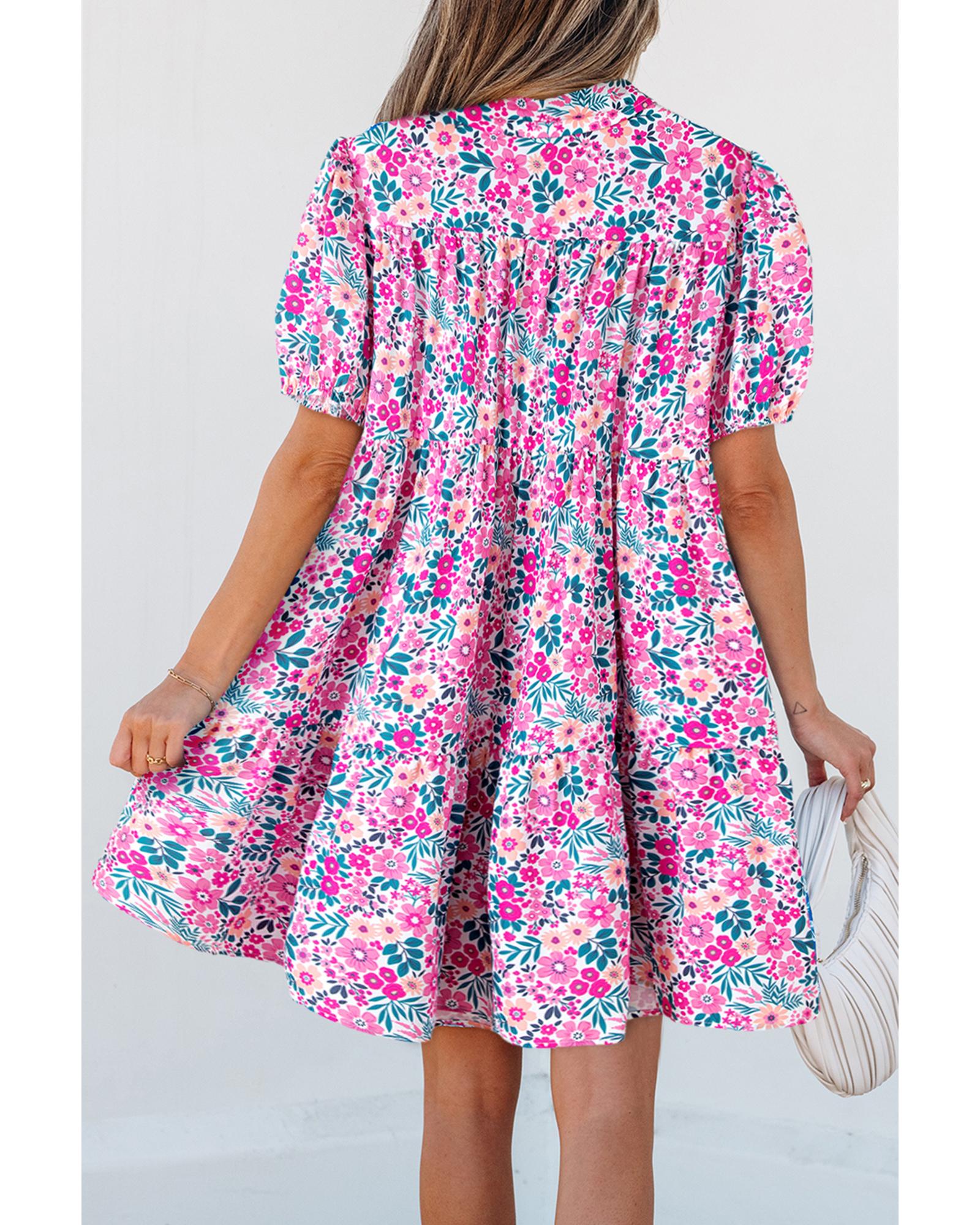 Pink Floral Collared Half Placket Short Sleeve Loose Dress - M