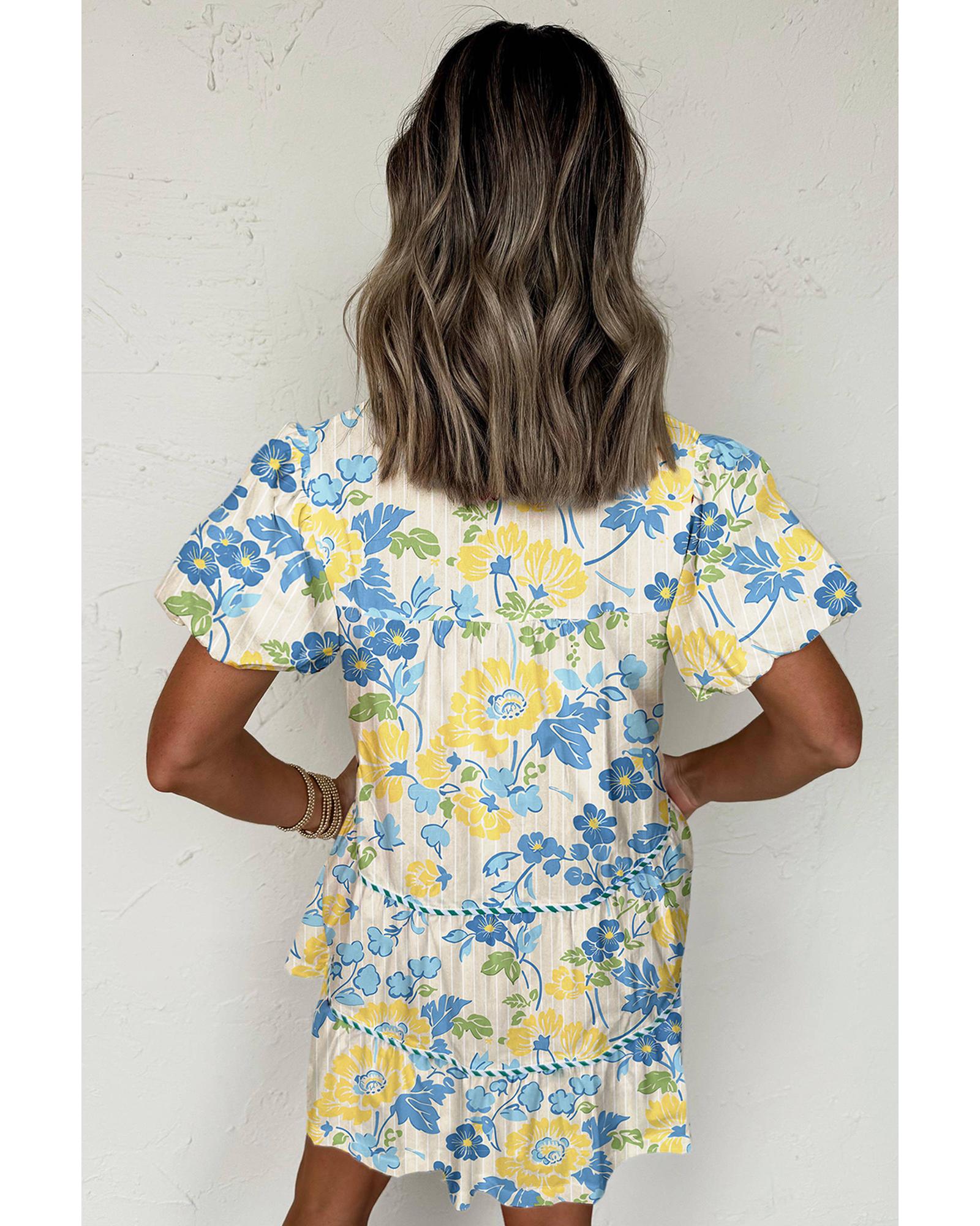 Blue Floral Striped Trim Puff Short Sleeve Dress - XL