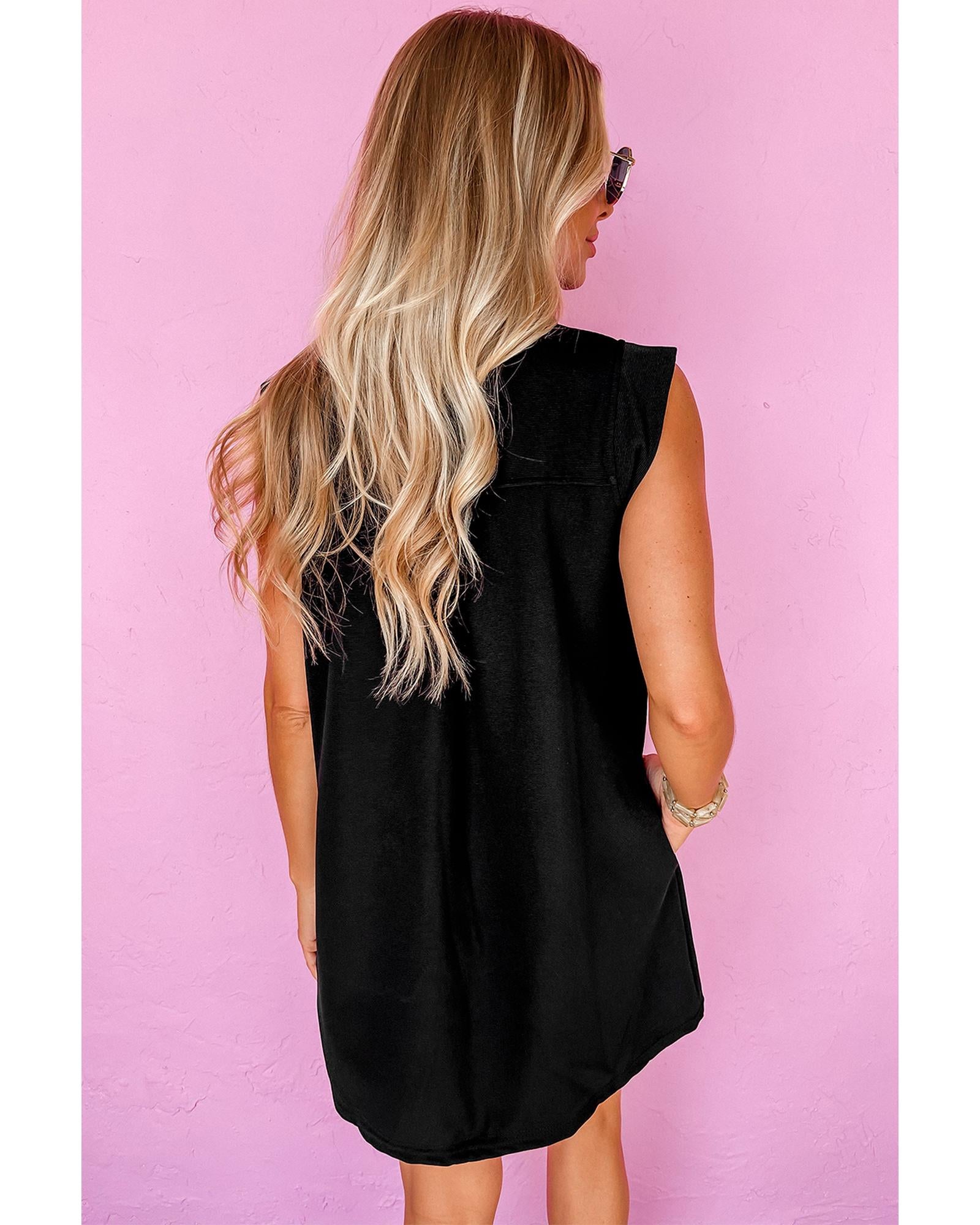 Black Sequin Patched V Neck Collared Mini Dress - XL