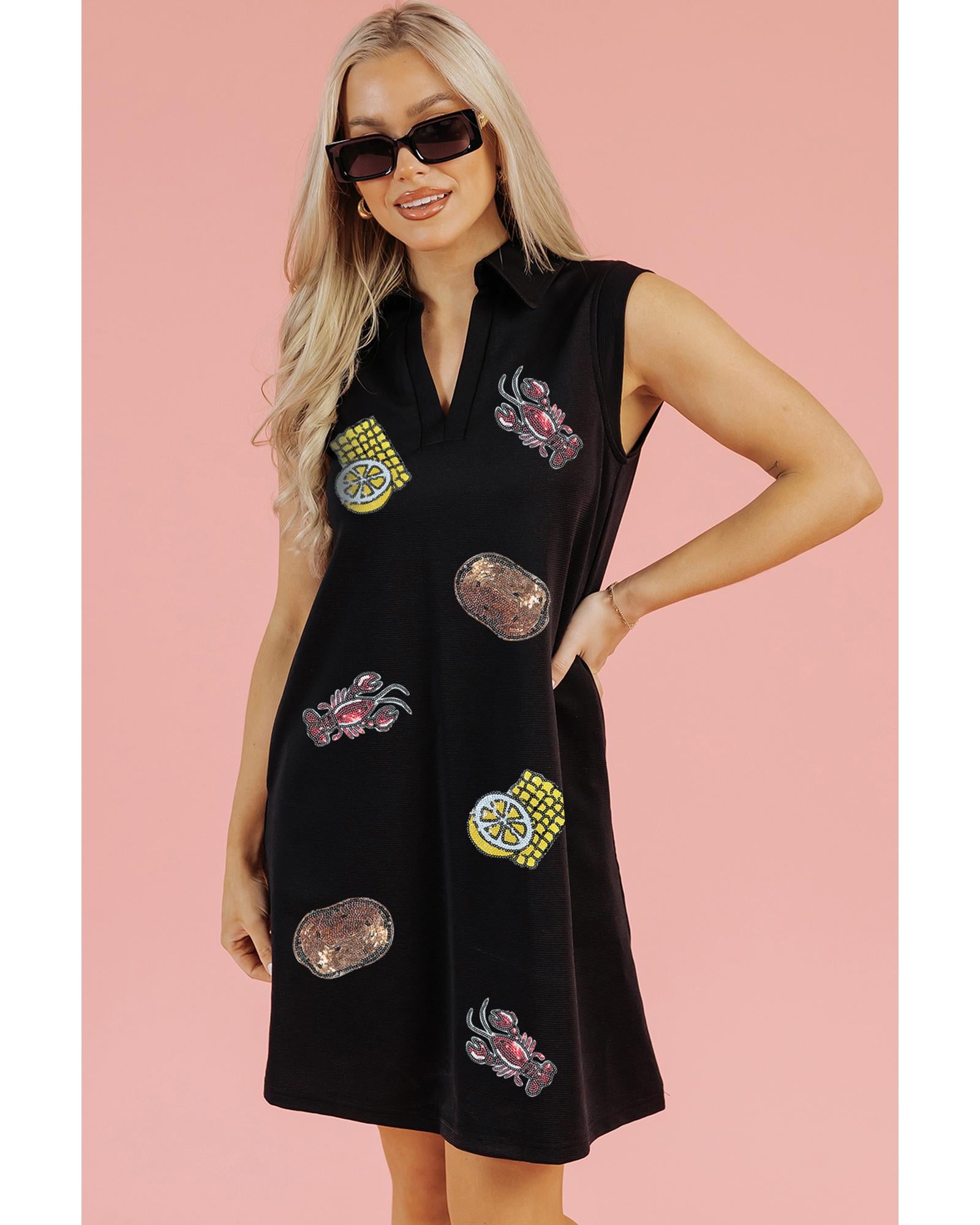 Black Sequin Patched V Neck Collared Mini Dress - XL