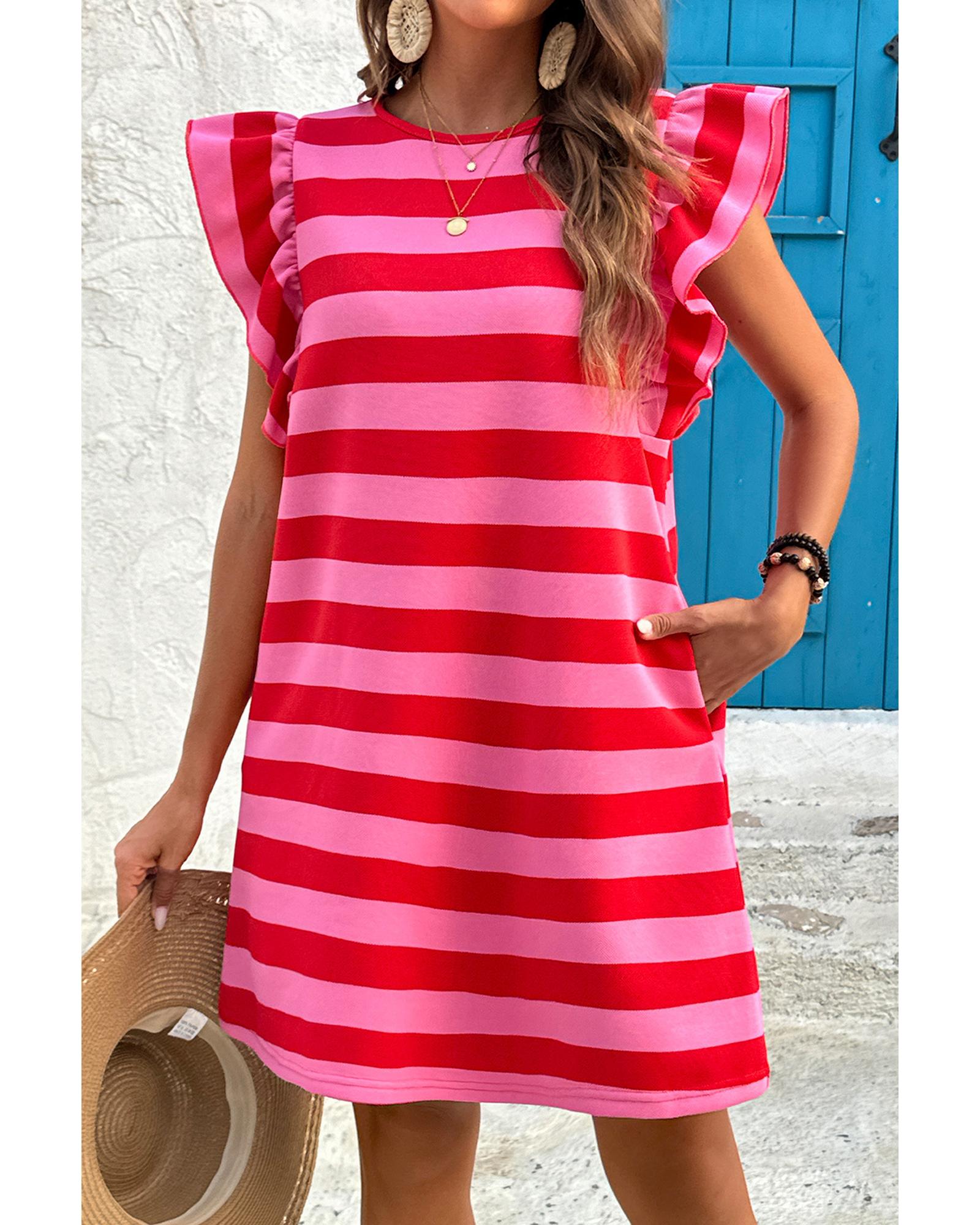 Red Stripe Flutter Sleeve Round Neck Shift Dress - M