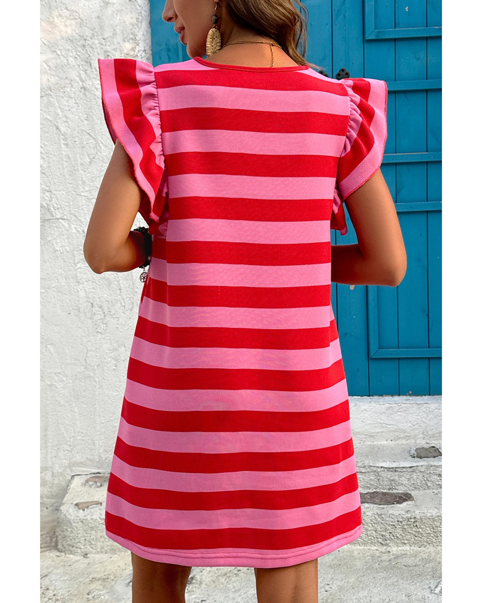 Red Stripe Flutter Sleeve Round Neck Shift Dress - XS