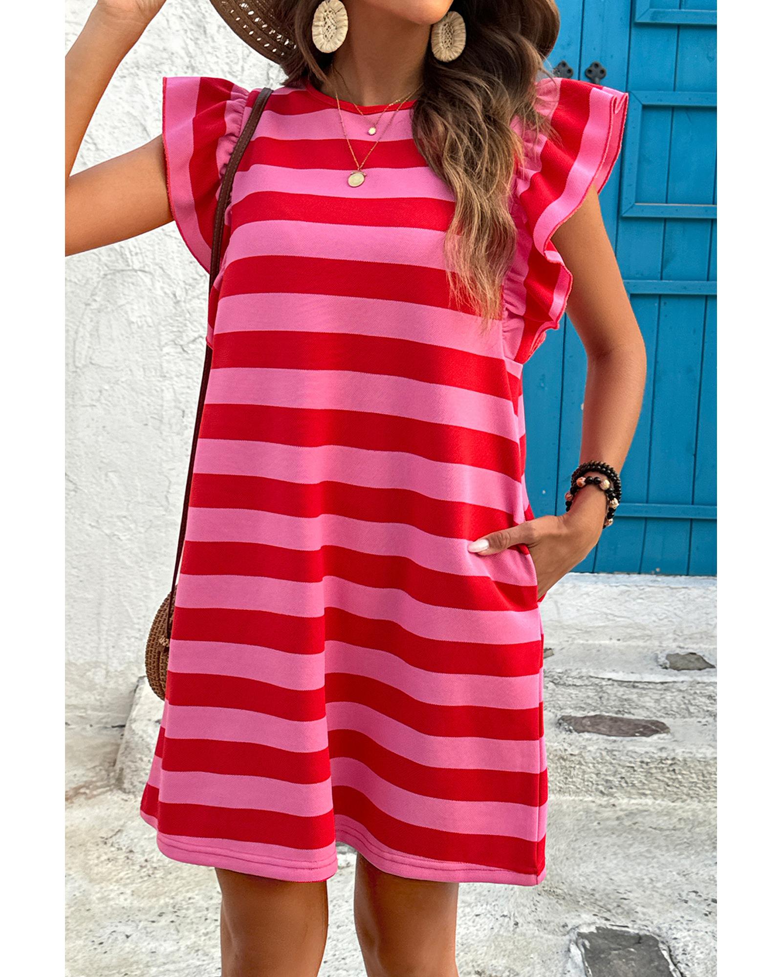Red Stripe Flutter Sleeve Round Neck Shift Dress - XS