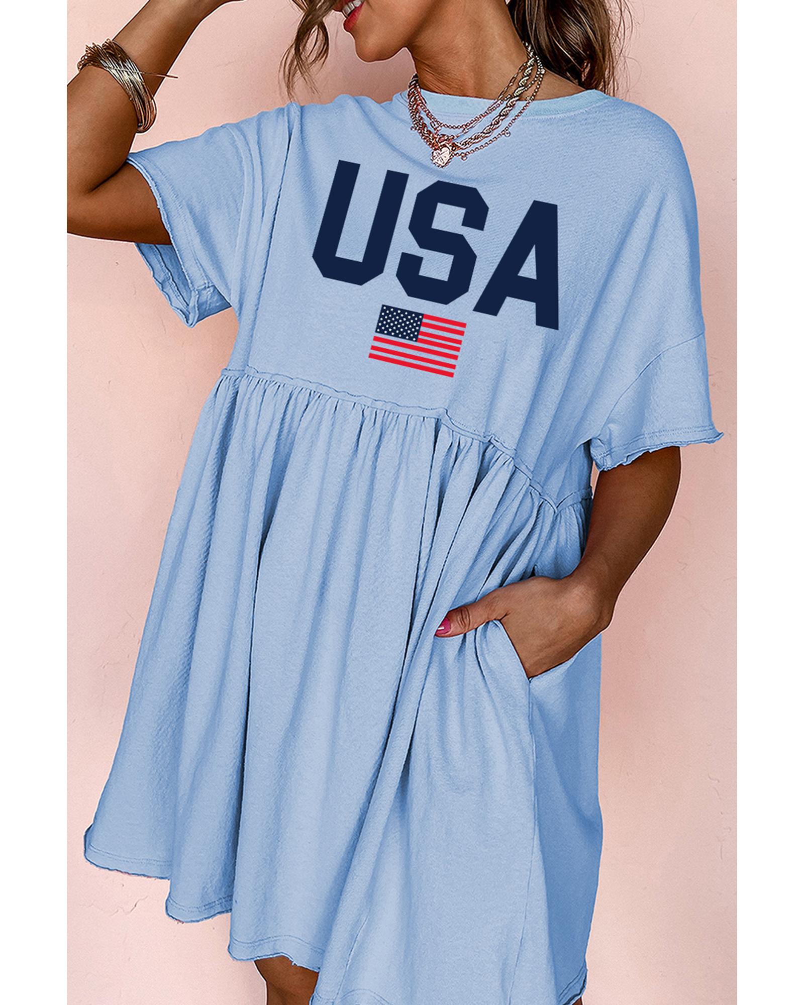 Sky Blue USA Flag Print Short Sleeve High Waist Babydoll Dress - M
