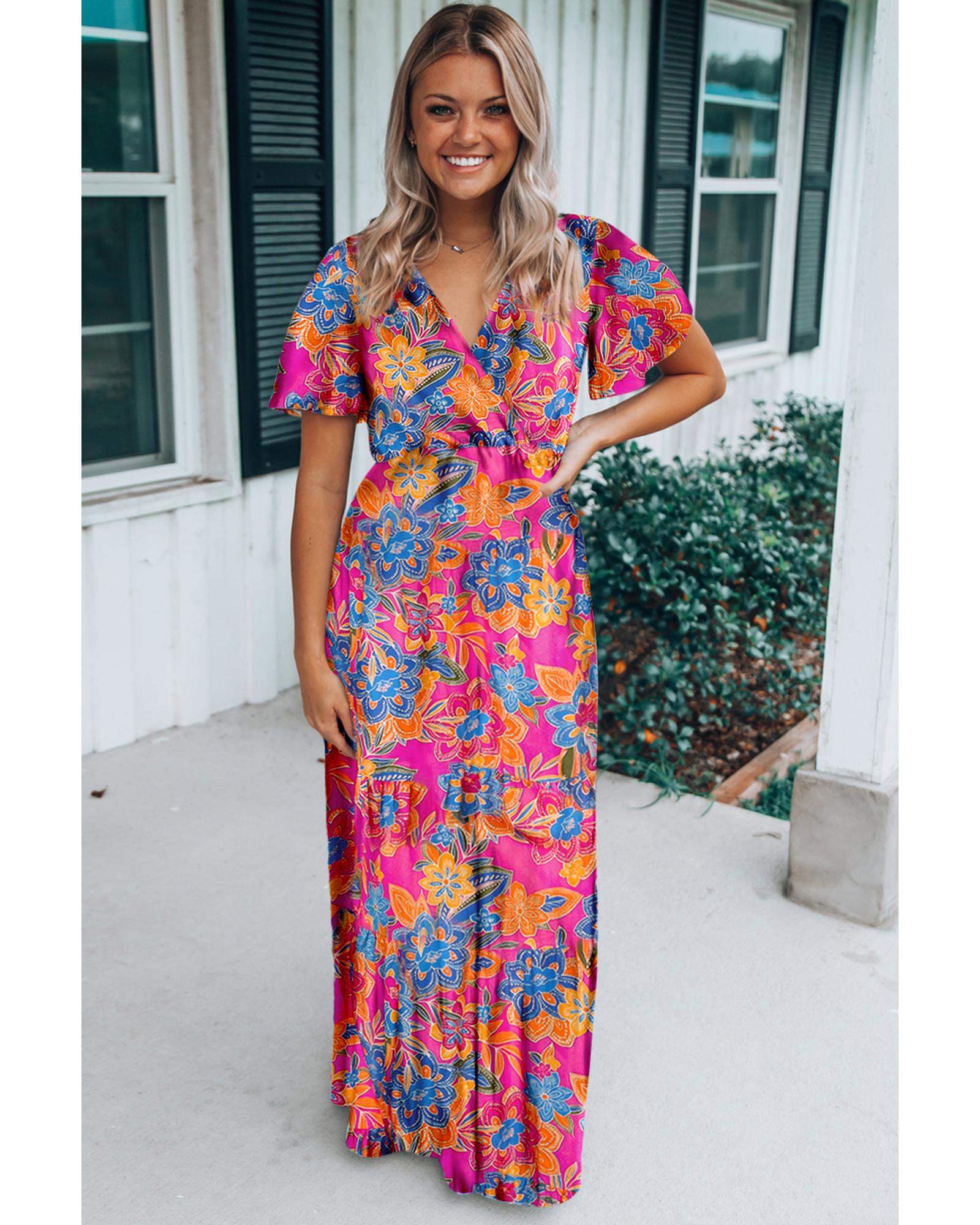 Rose Wrap V Neck Floral Maxi Dress - M