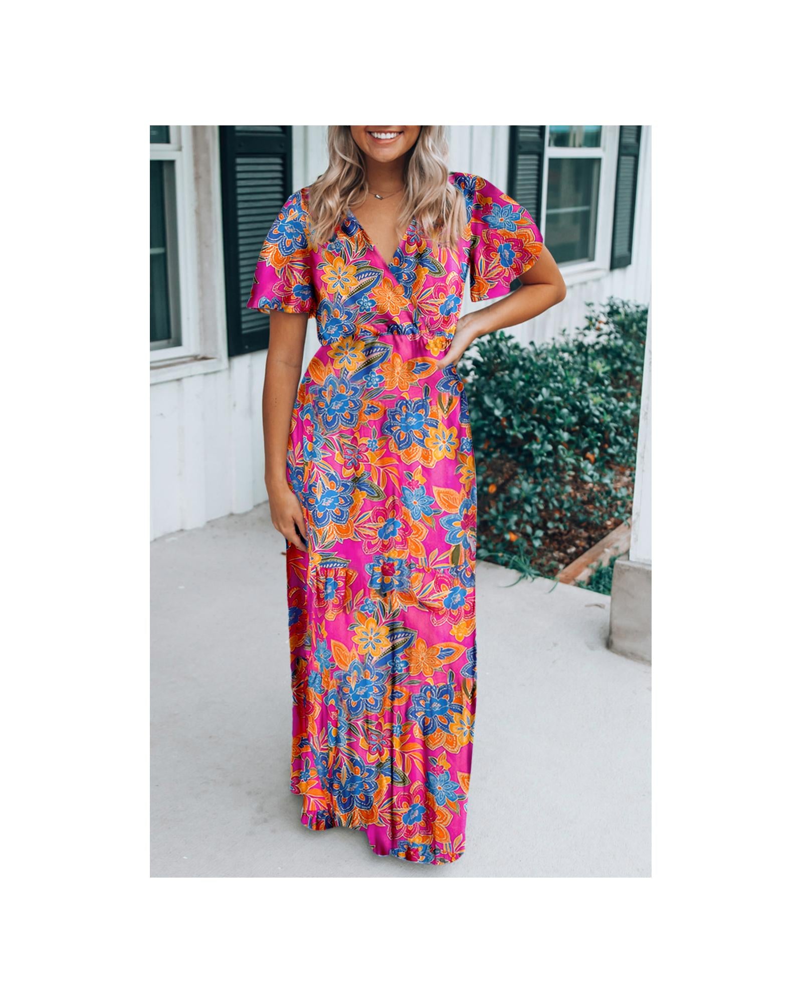 Rose Wrap V Neck Floral Maxi Dress - M