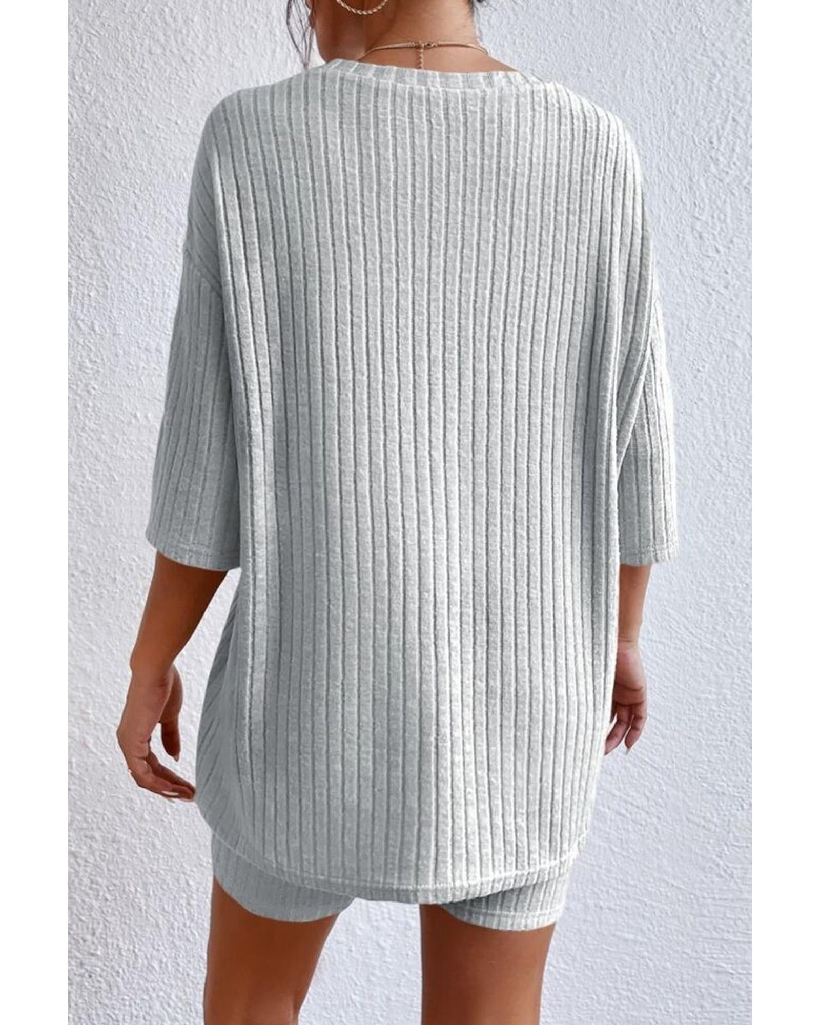 Gray Plain Ribbed Loose Fit Two Piece Lounge Set - S