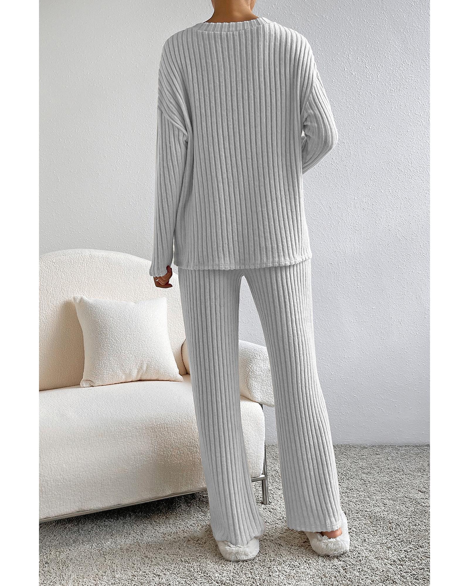 Light Grey Ribbed Knit V Neck Slouchy Two-piece Outfit - S