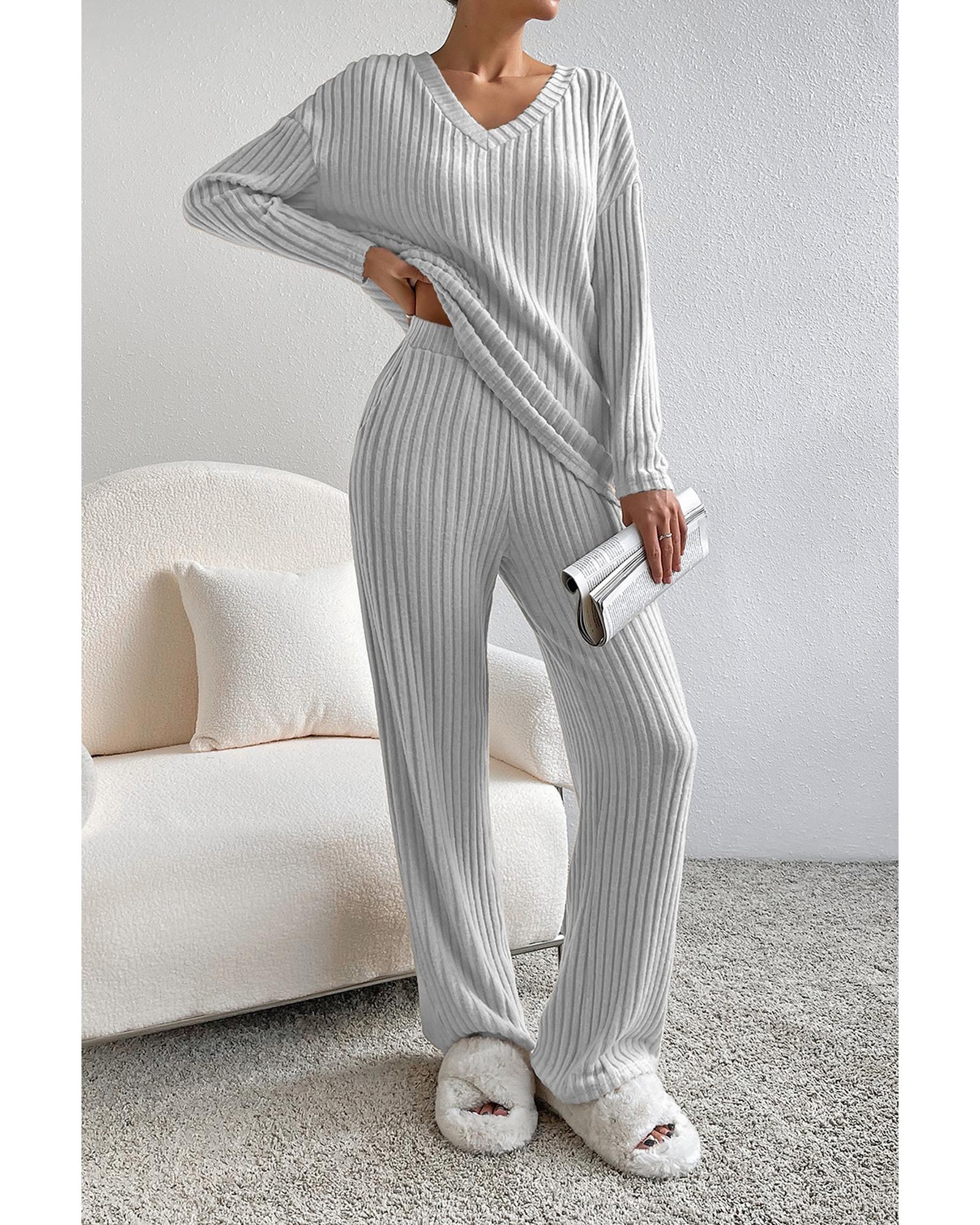 Light Grey Ribbed Knit V Neck Slouchy Two-piece Outfit - S