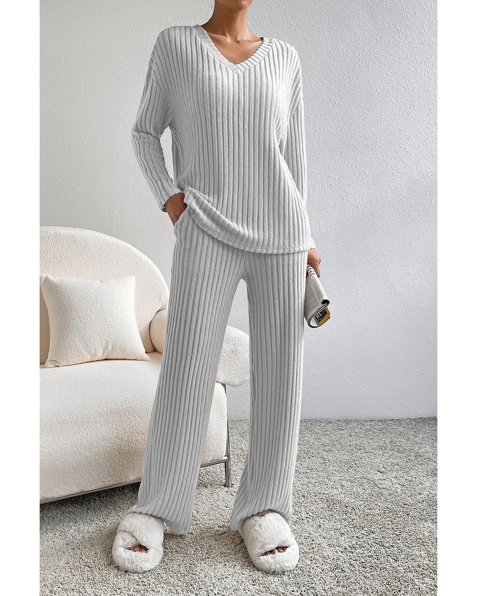 Light Grey Ribbed Knit V Neck Slouchy Two-piece Outfit - S