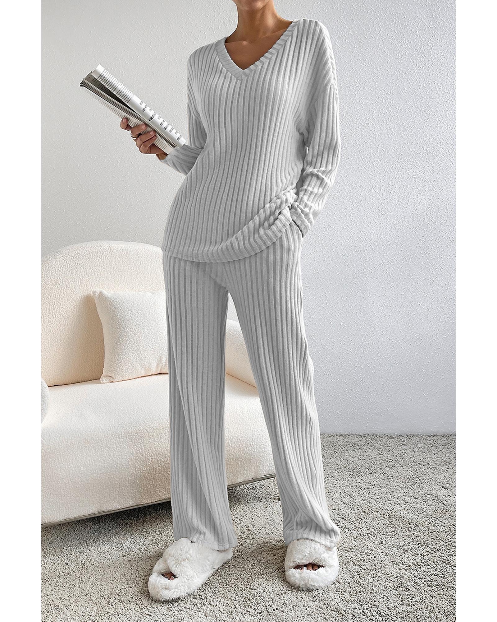 Light Grey Ribbed Knit V Neck Slouchy Two-piece Outfit - S