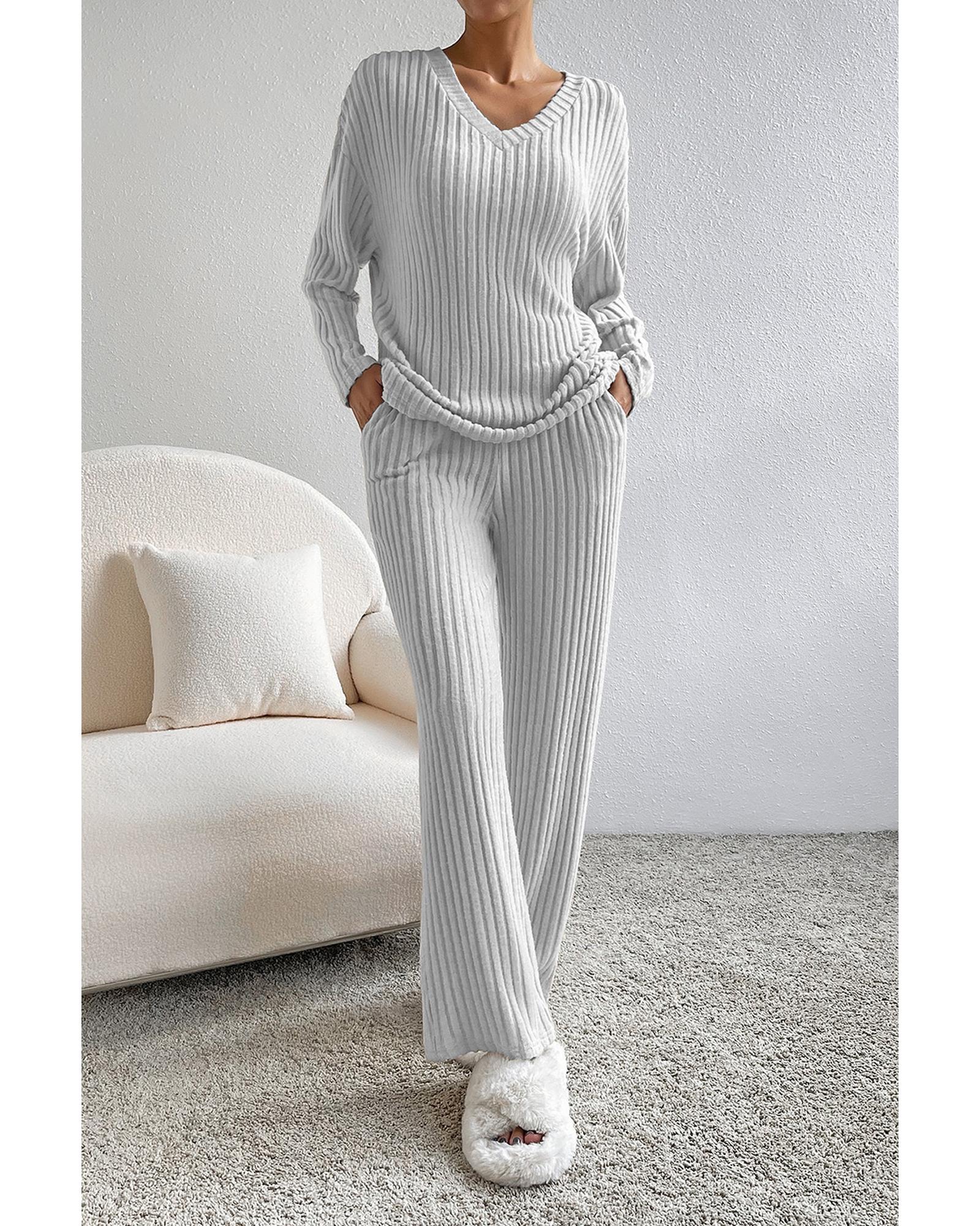 Light Grey Ribbed Knit V Neck Slouchy Two-piece Outfit - S