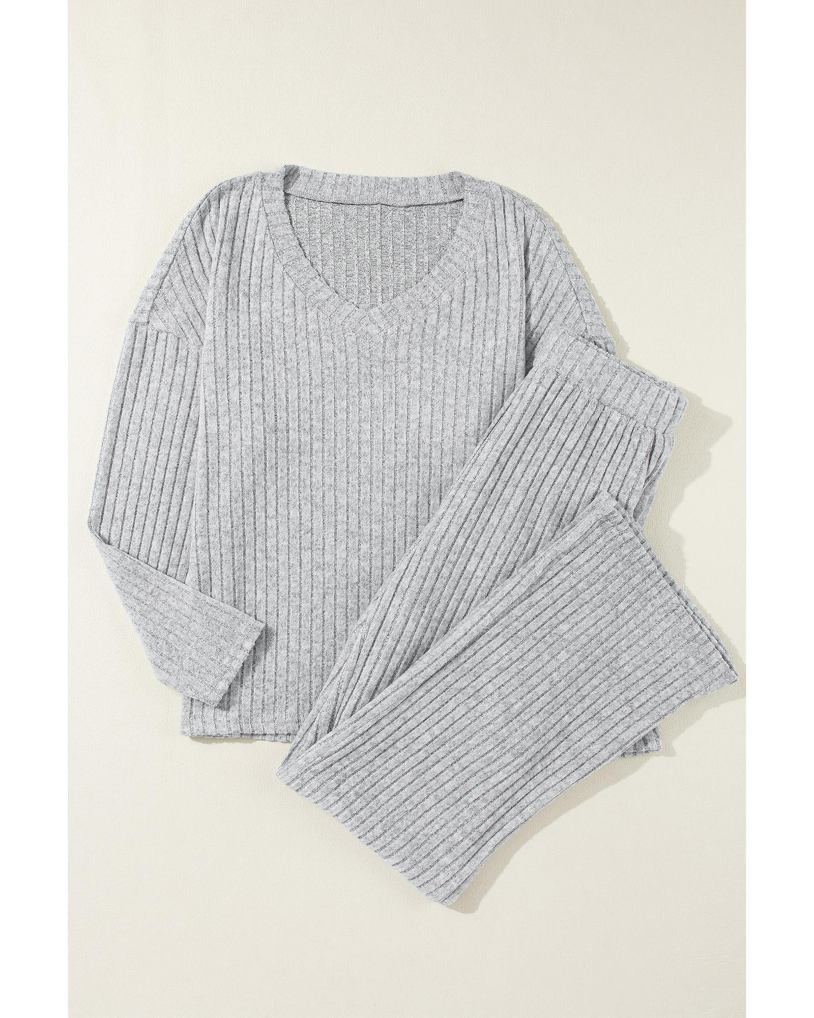 Light Grey Ribbed Knit V Neck Slouchy Two-piece Outfit - S