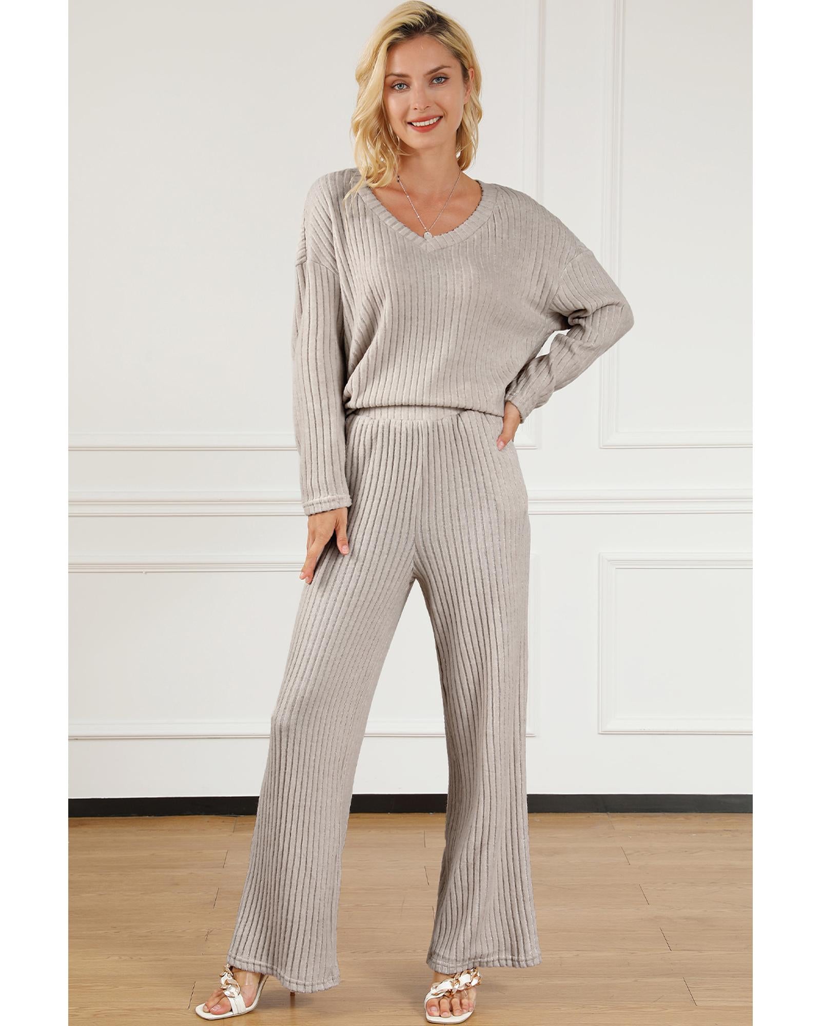 Khaki Ribbed Knit V Neck Slouchy Two-piece Outfit - S