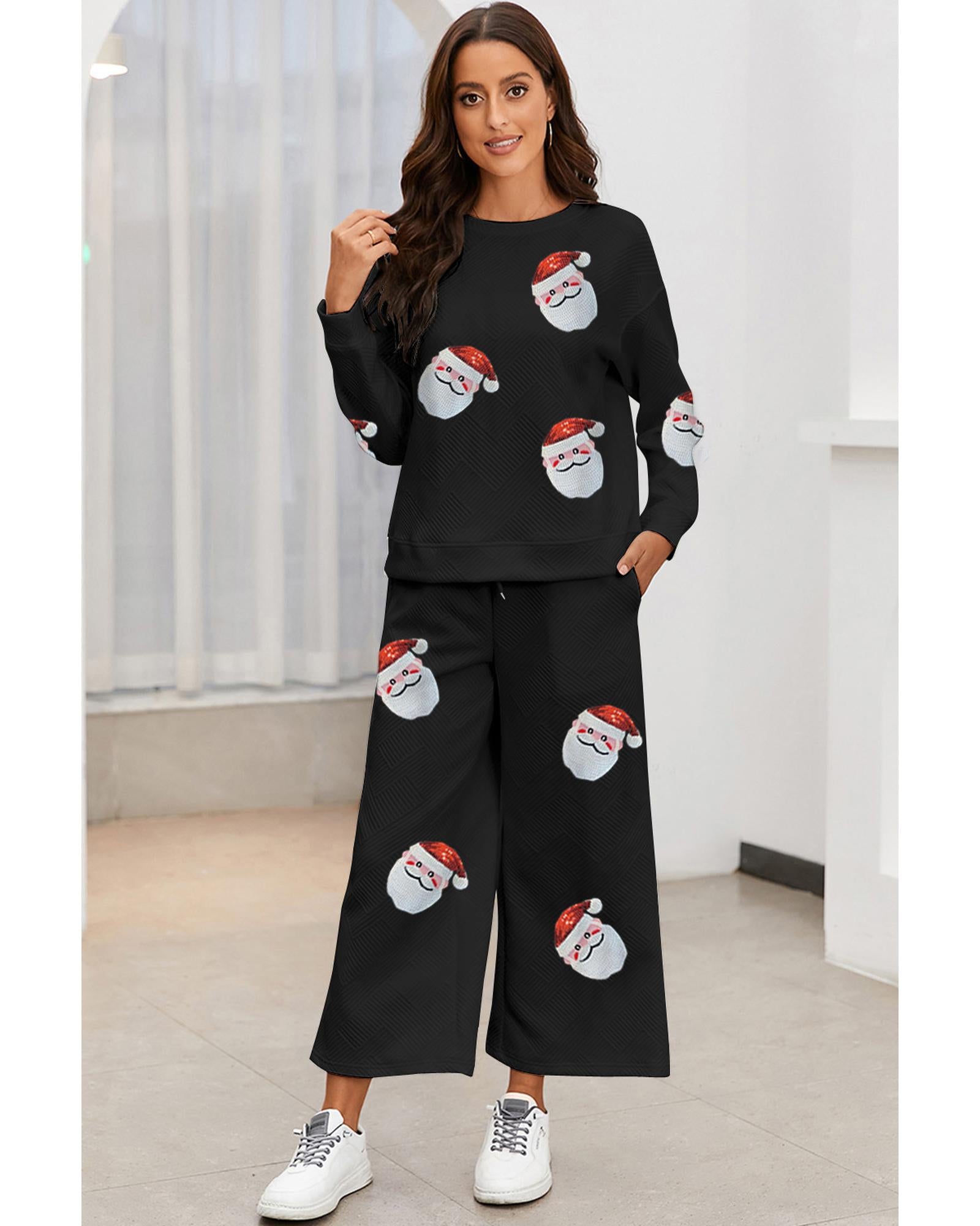 Black Christmas Sequined Santa Clause Print Textured Pants Set - L