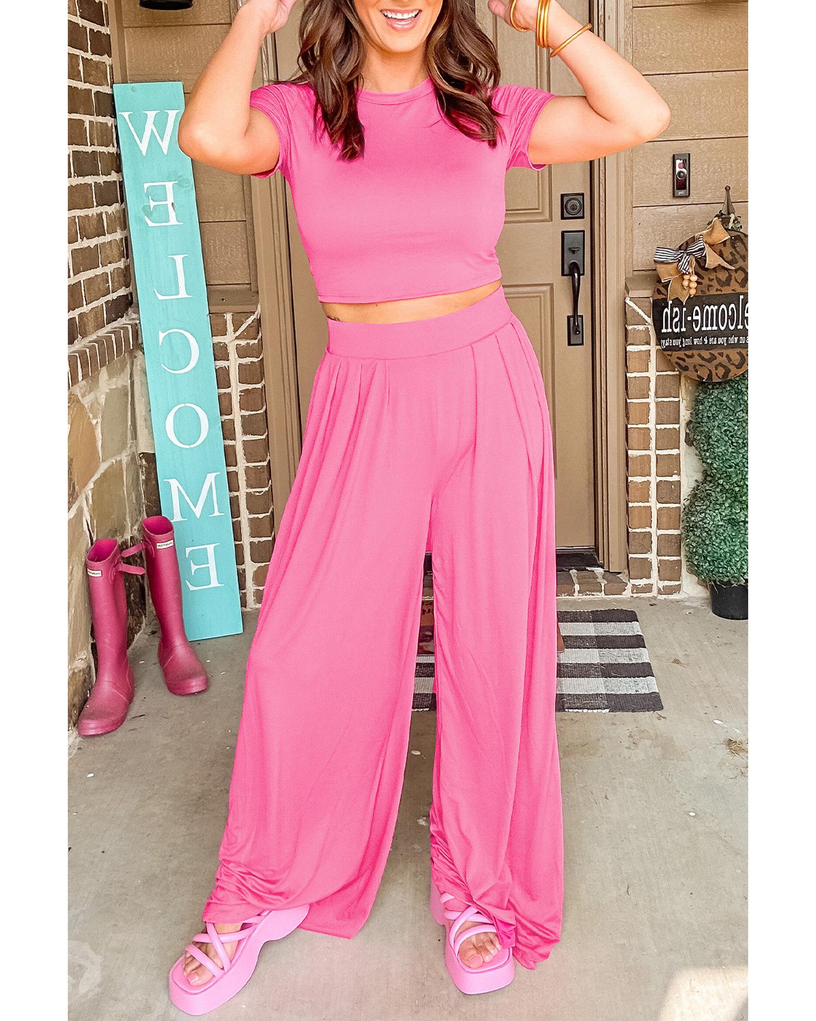 Strawberry Pink Slim Fit Crop Top and Pleated Wide Leg Pants Set - L