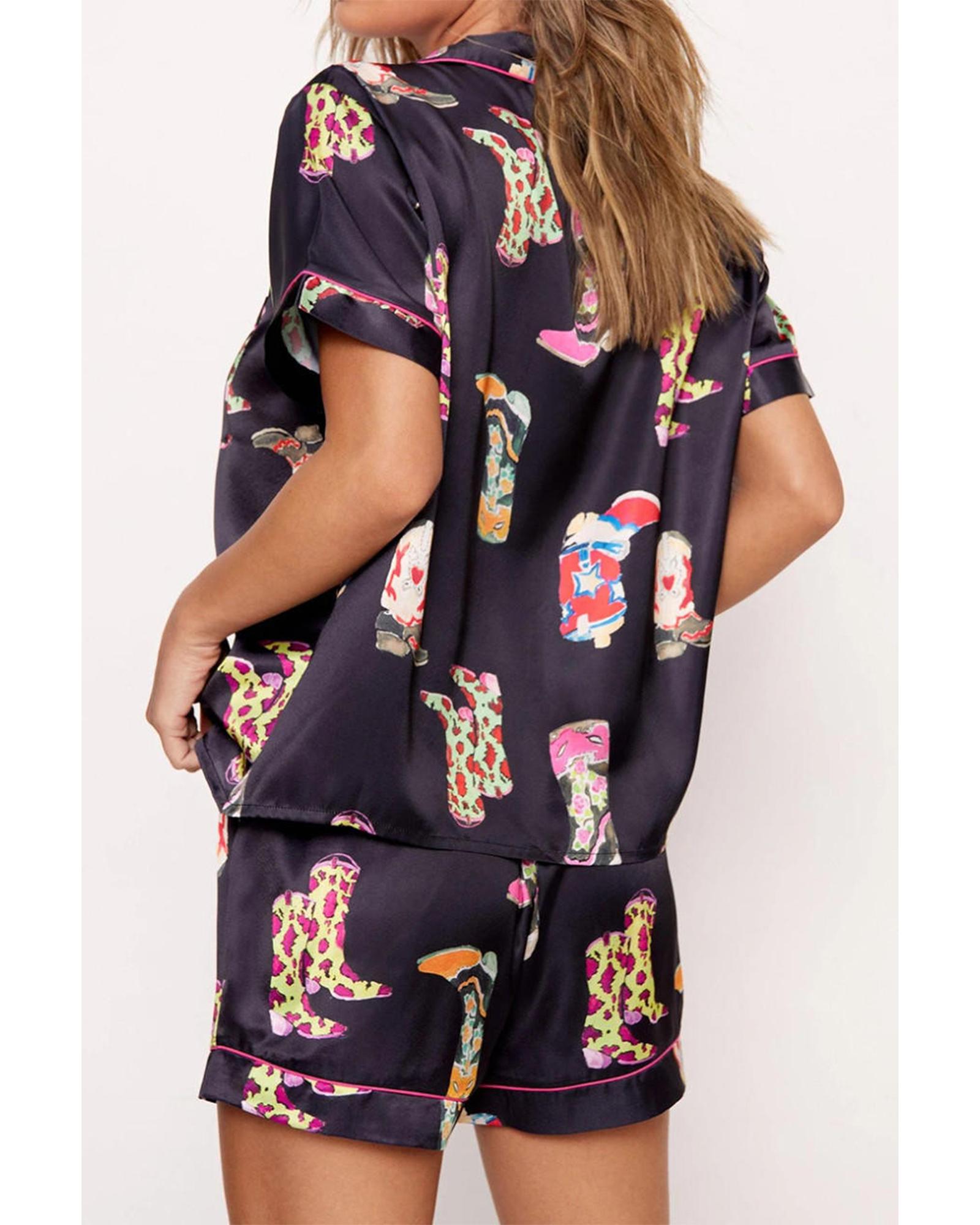 Black Western Boots Printed Short Pajama Set - L