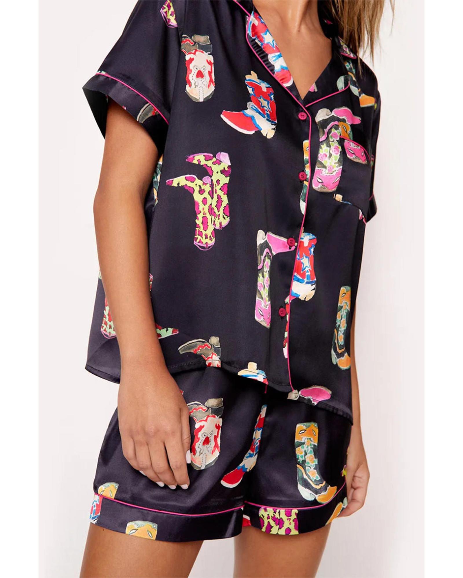 Black Western Boots Printed Short Pajama Set - L