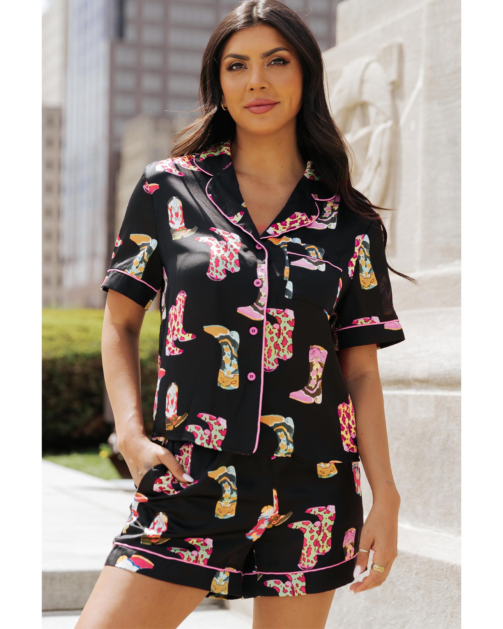 Black Western Boots Printed Short Pajama Set - L
