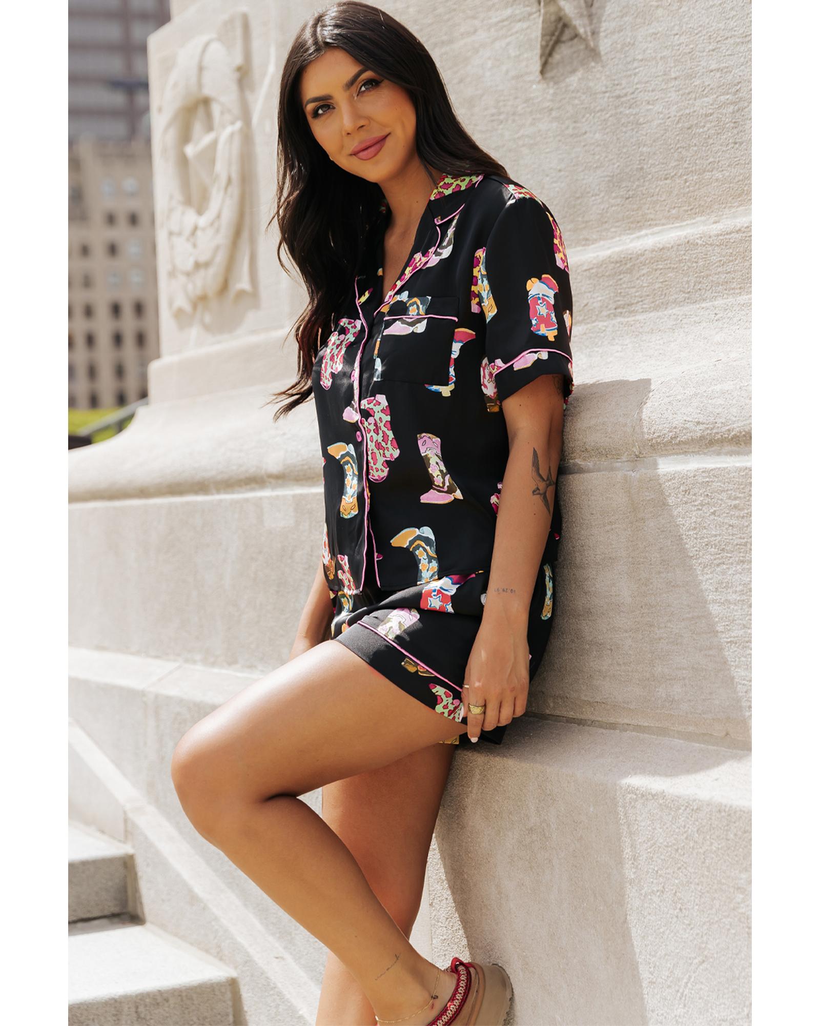 Black Western Boots Printed Short Pajama Set - L