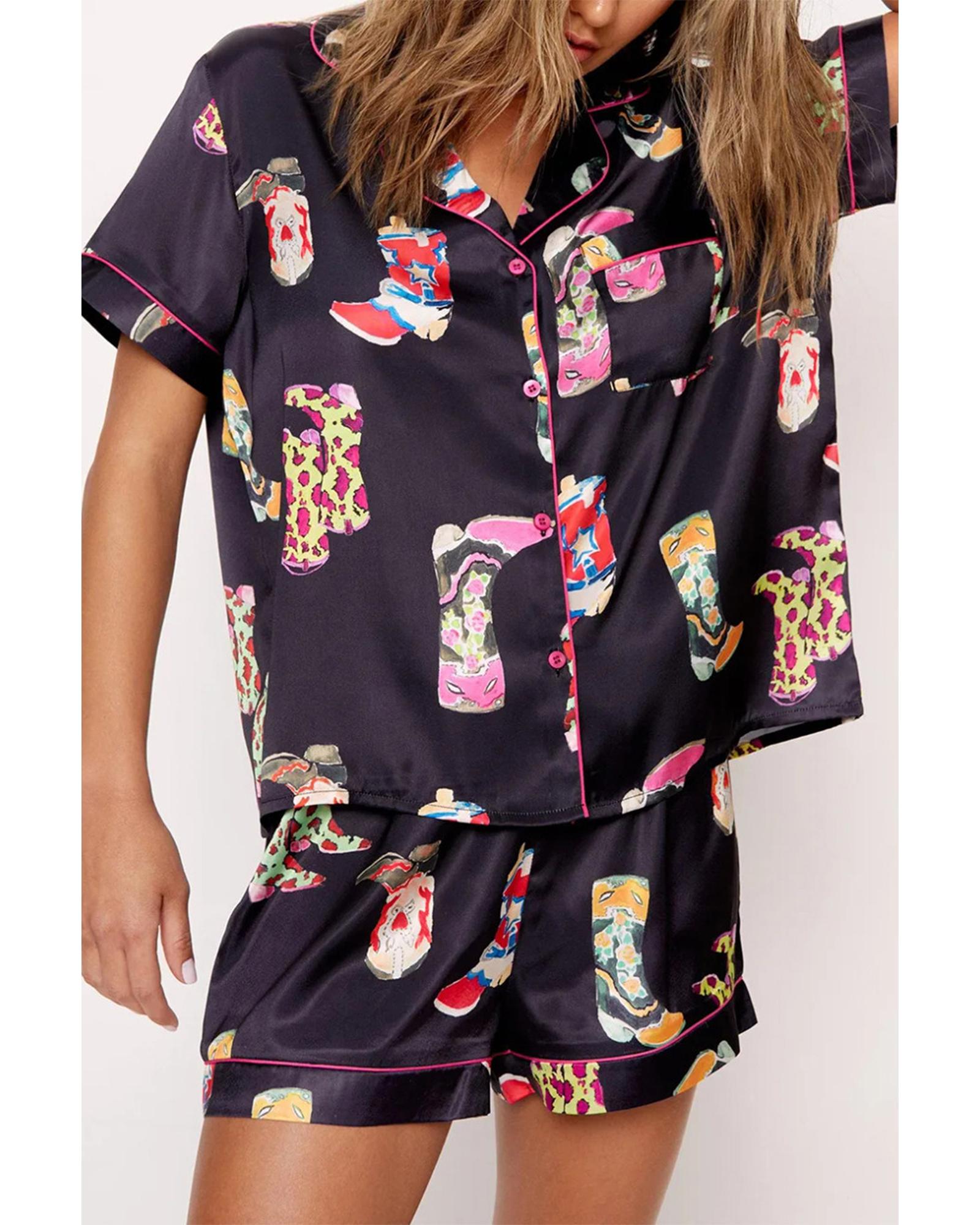 Black Western Boots Printed Short Pajama Set - XL