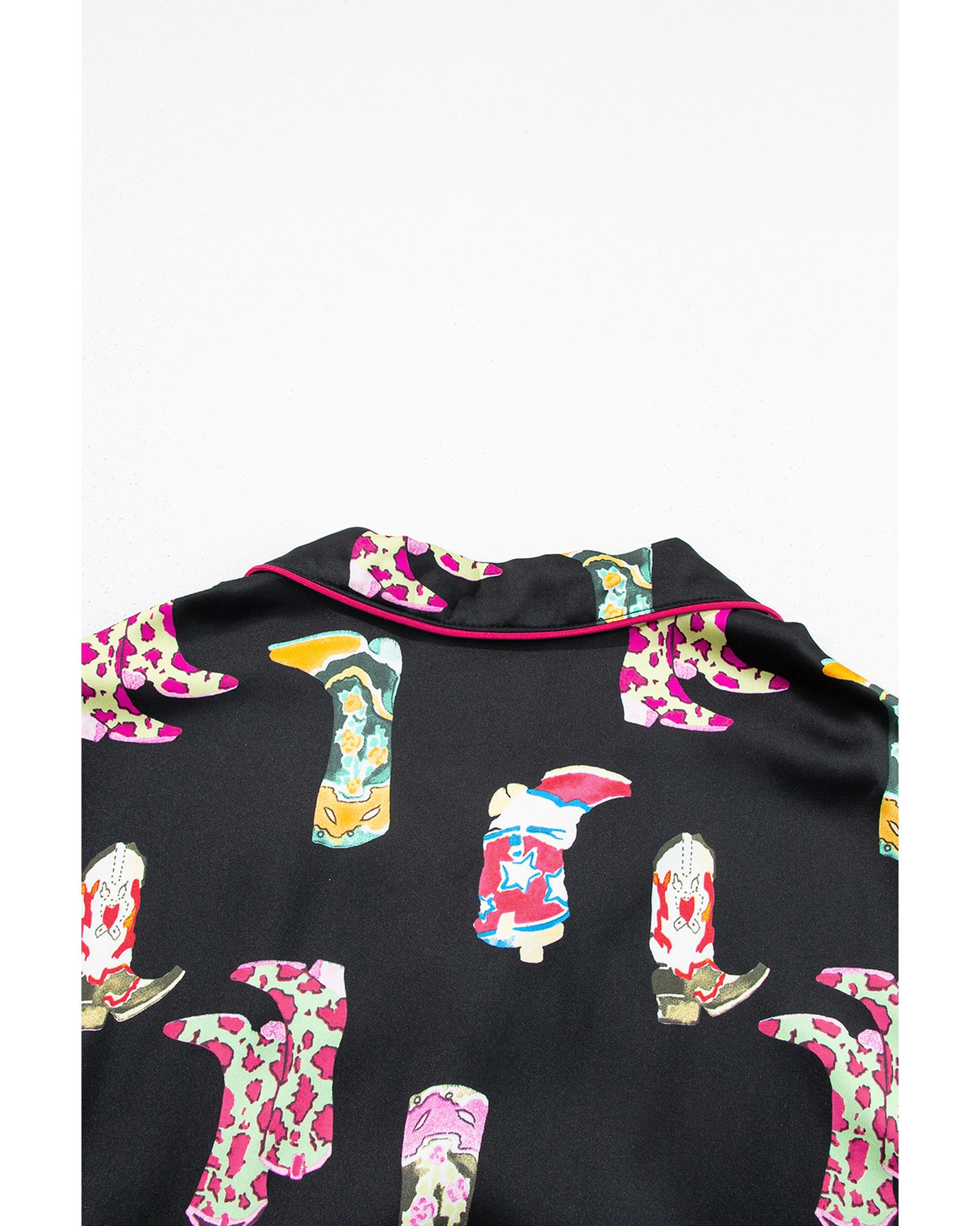 Black Western Cowgirl Boots Printed Satin Long Pajama Set - XL