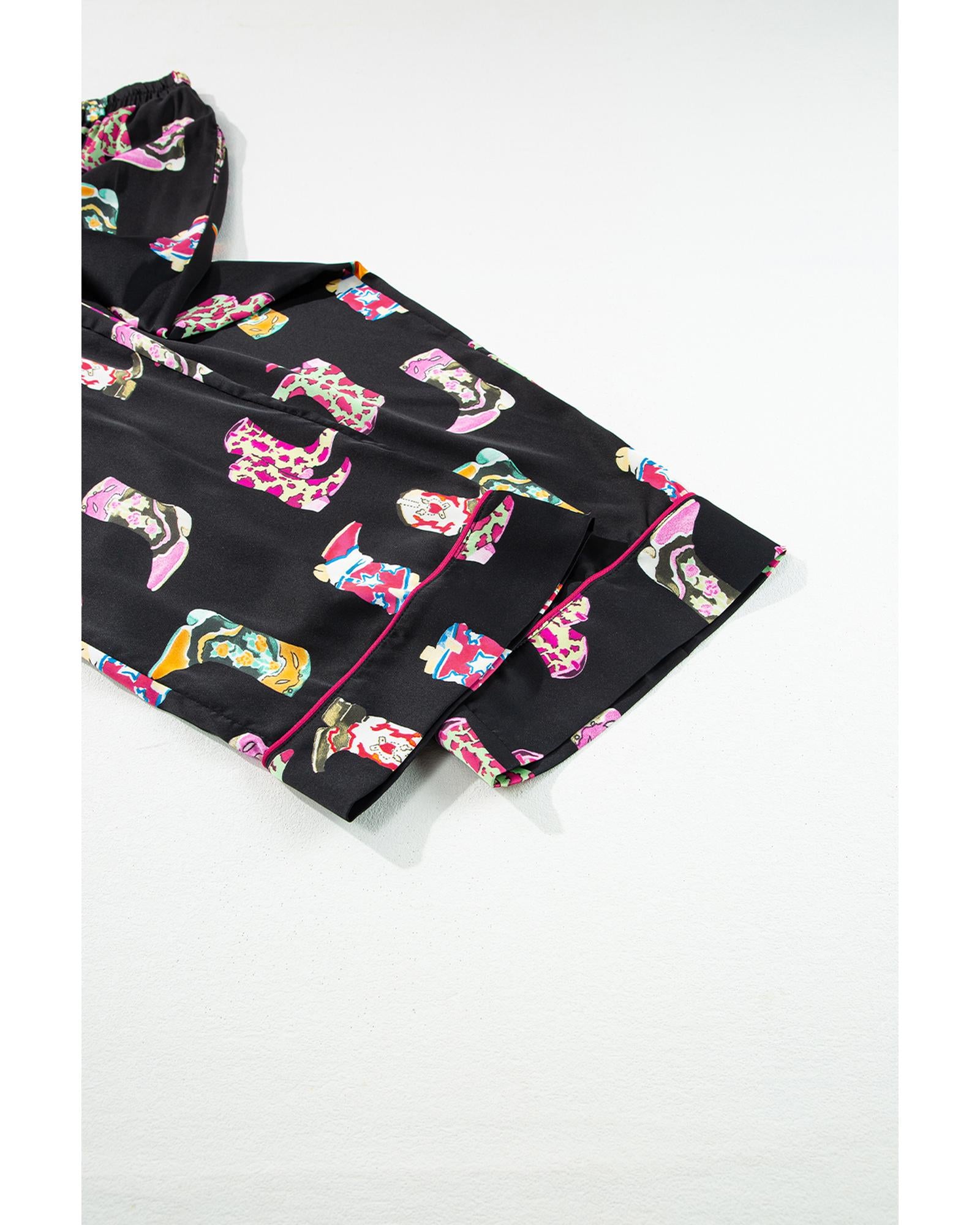 Black Western Cowgirl Boots Printed Satin Long Pajama Set - XL