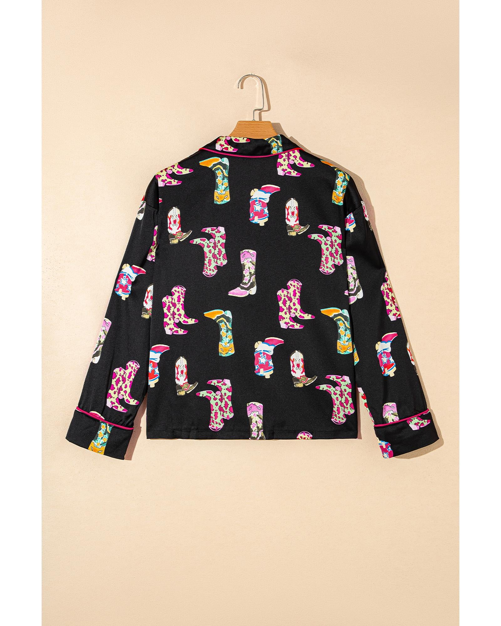 Black Western Cowgirl Boots Printed Satin Long Pajama Set - XL