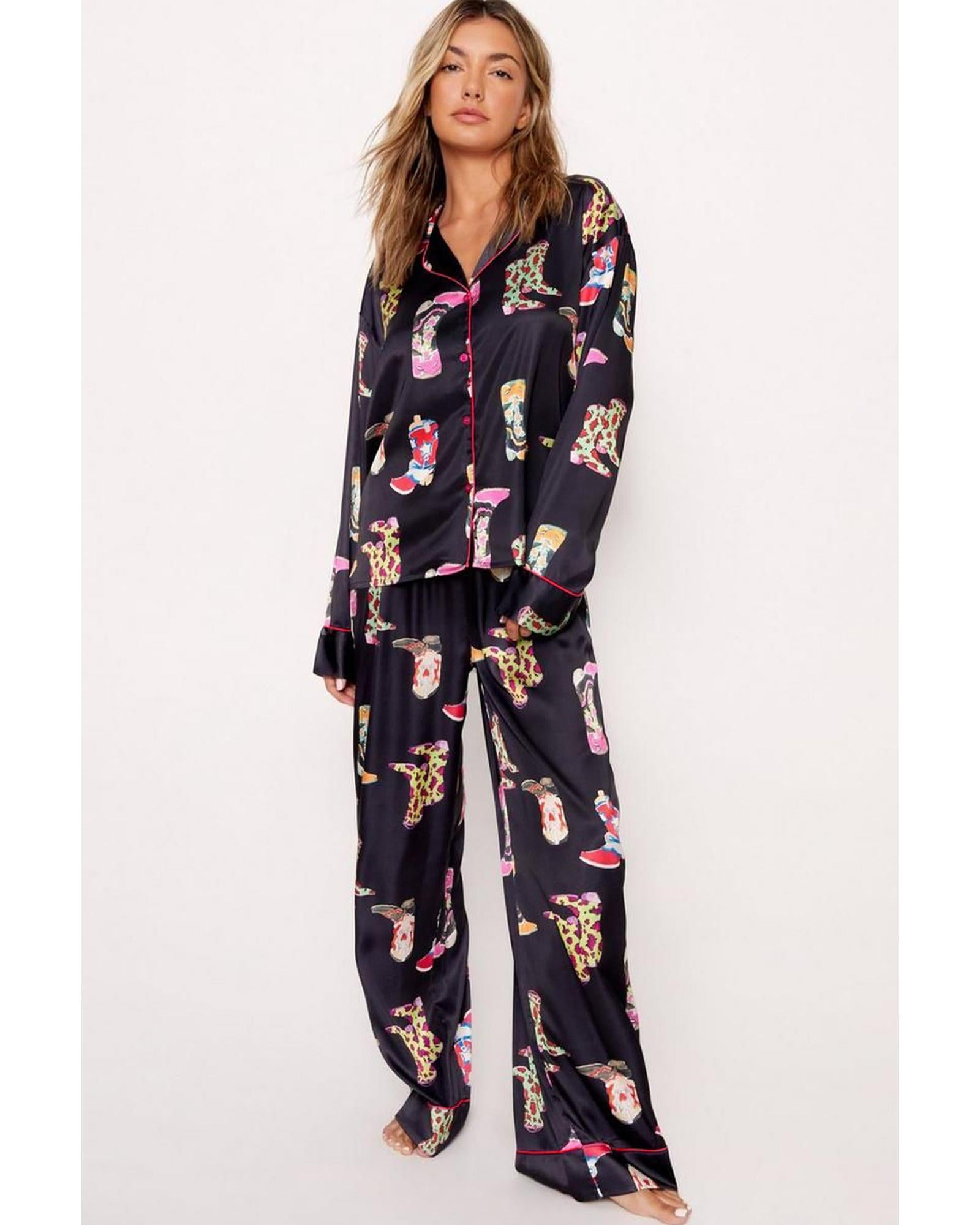 Black Western Cowgirl Boots Printed Satin Long Pajama Set - XL