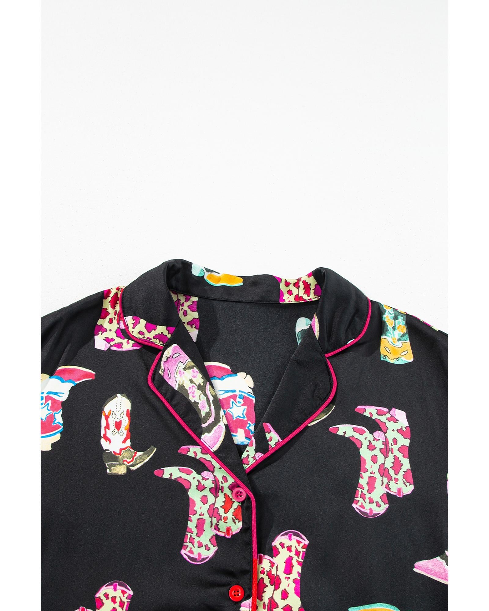 Black Western Cowgirl Boots Printed Satin Long Pajama Set - XL