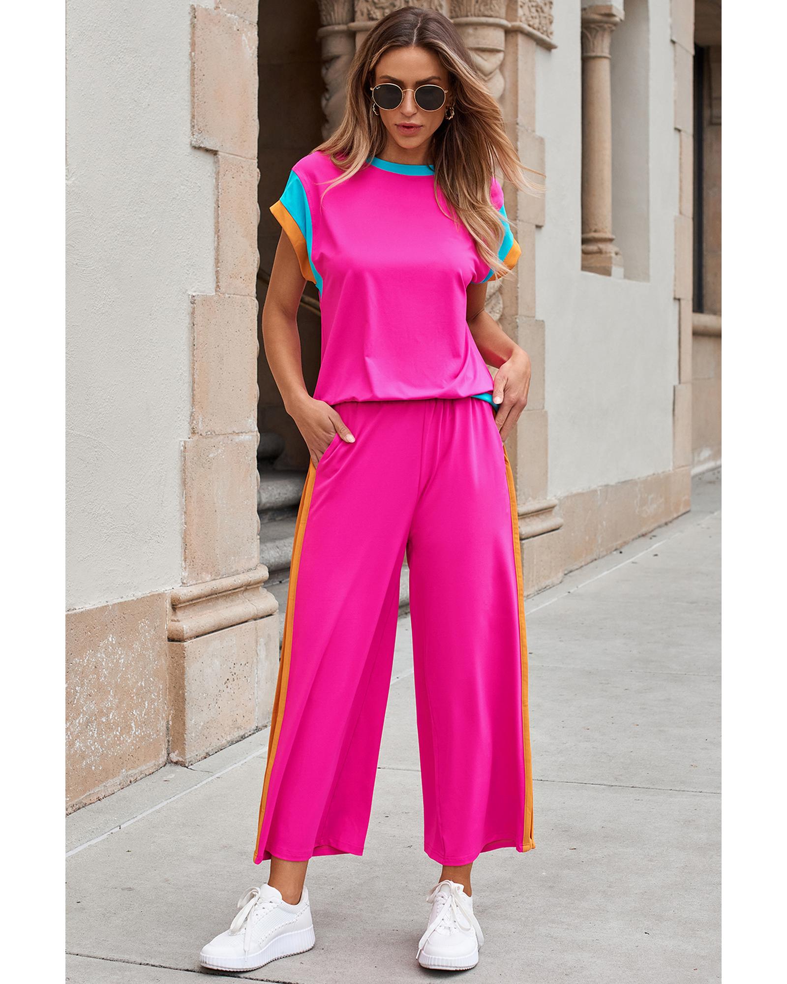 Strawberry Pink Color Block Detail Casual Two-piece Set - XL