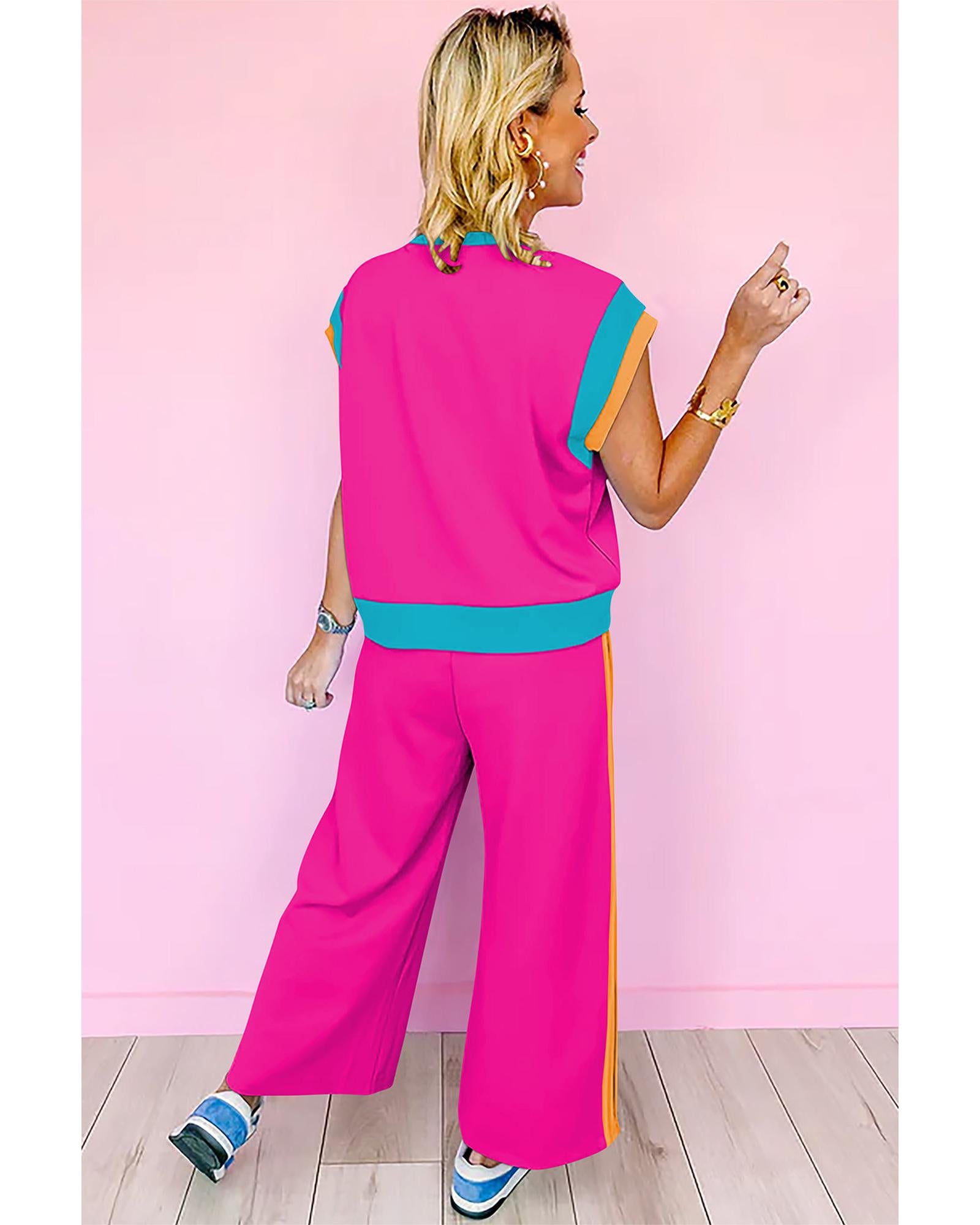 Strawberry Pink Color Block Detail Casual Two-piece Set - XL