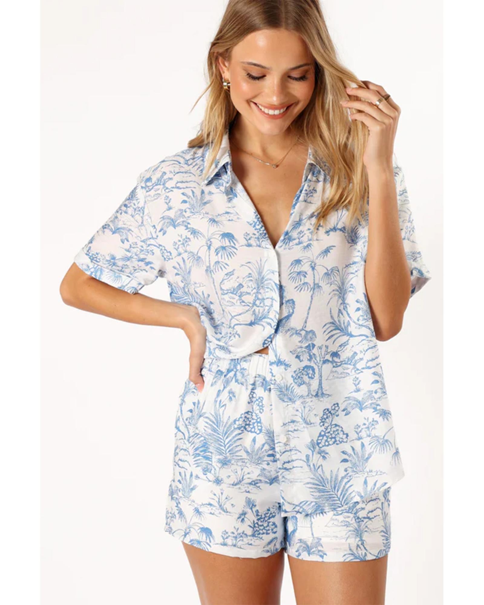 Sky Blue Floral Short Sleeve Shirt and Shorts Set - XL