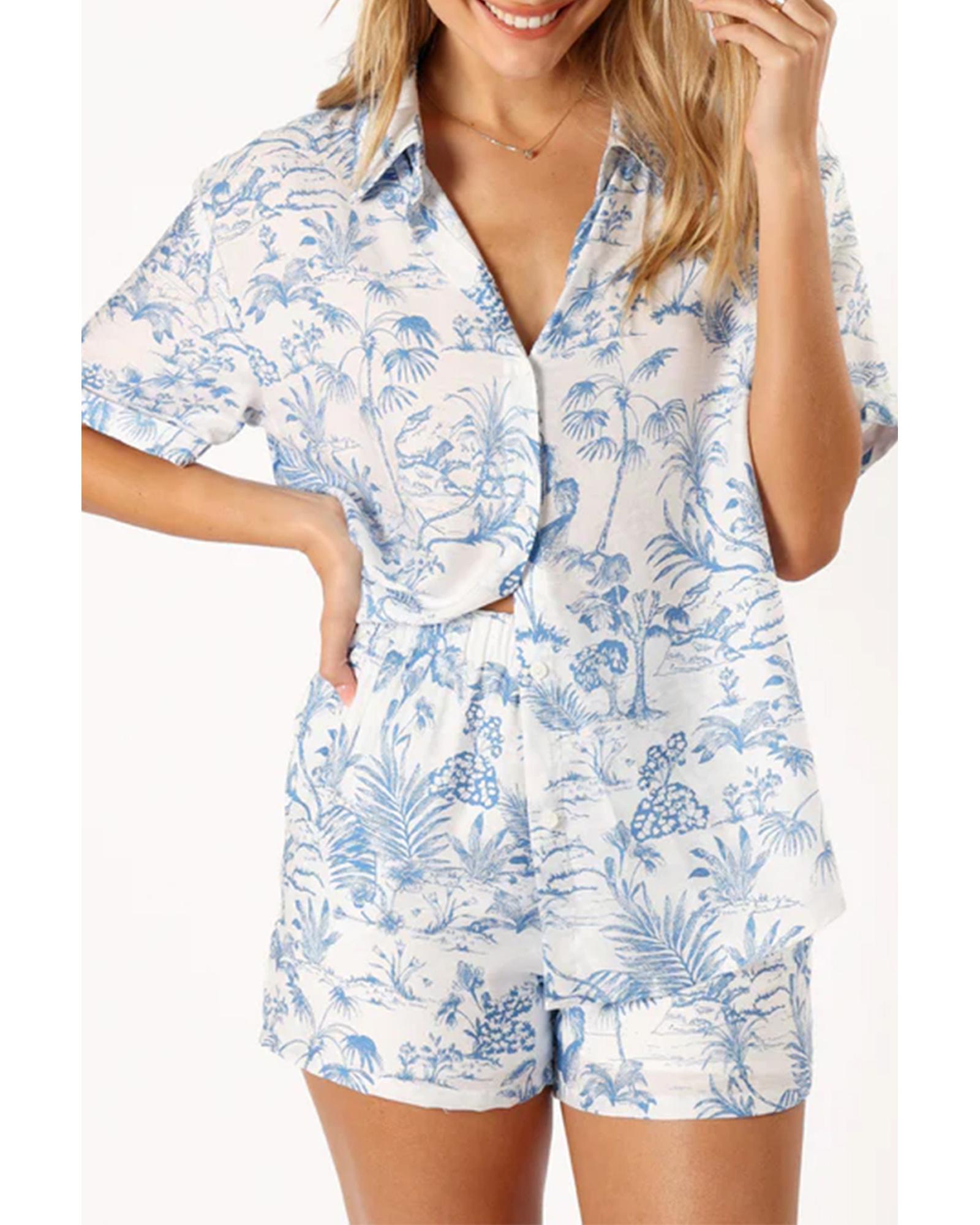 Sky Blue Floral Short Sleeve Shirt and Shorts Set - XL