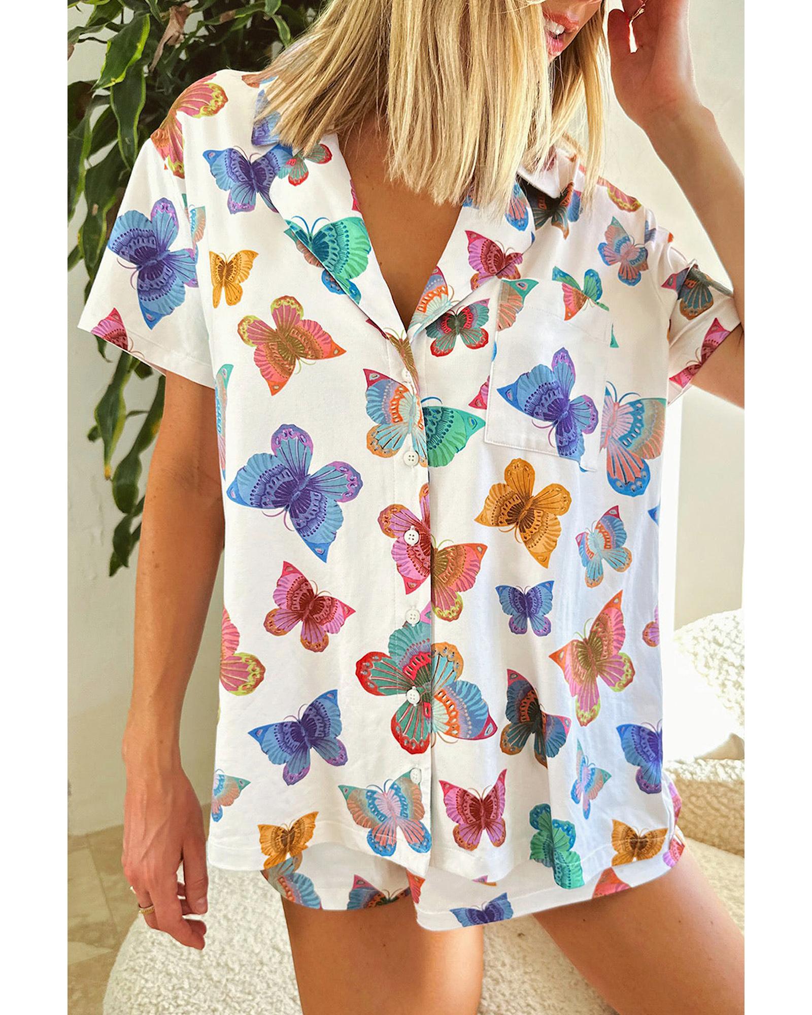 Multicolour Butterfly Pattern Short Sleeve Shirt Pajamas Set - S