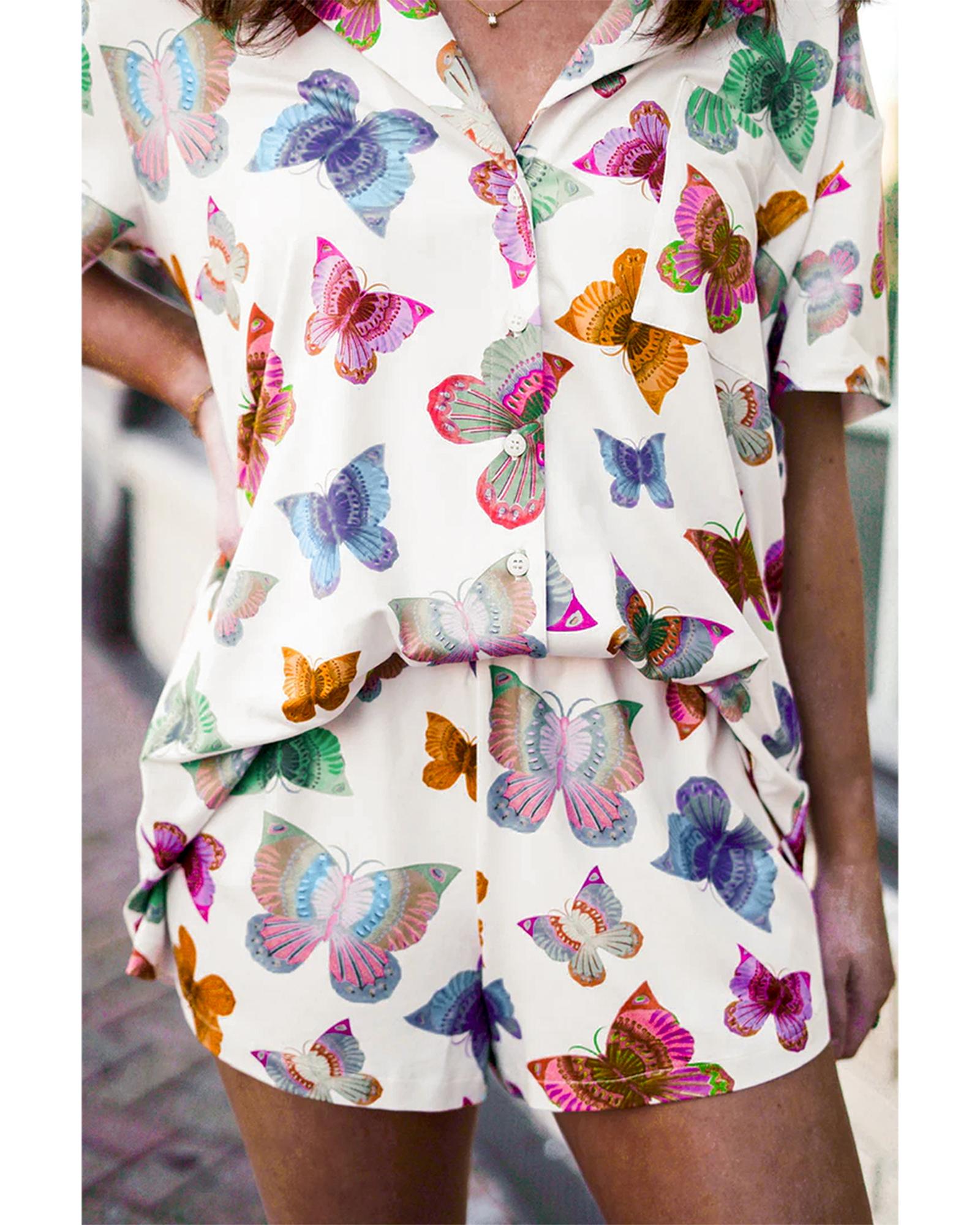 Multicolour Butterfly Pattern Short Sleeve Shirt Pajamas Set - XL
