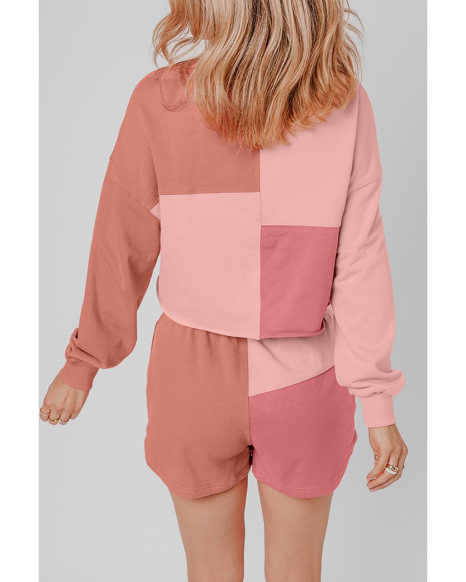 Peach Blossom Colorblock Patchwork Long Sleeve Shorts Outfit - L