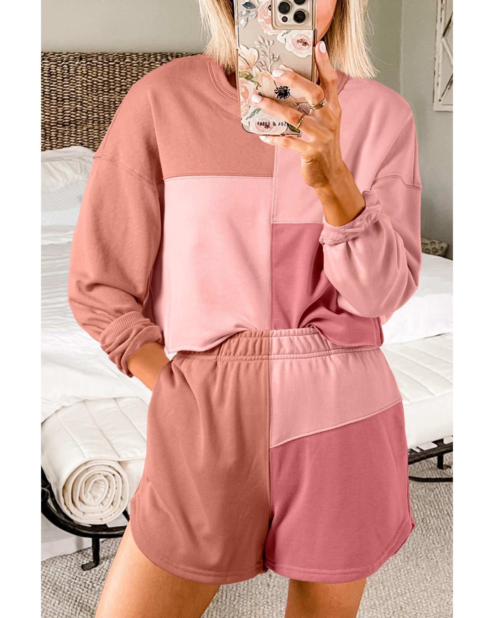 Peach Blossom Colorblock Patchwork Long Sleeve Shorts Outfit - M