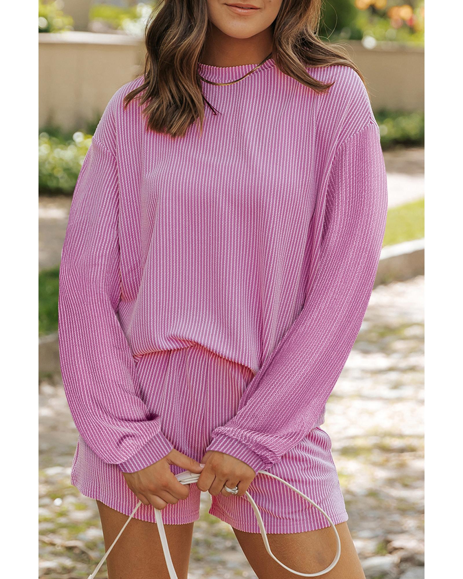 Phalaenopsis Corded Knit Long Sleeve Top and High Waist Shorts Set - L