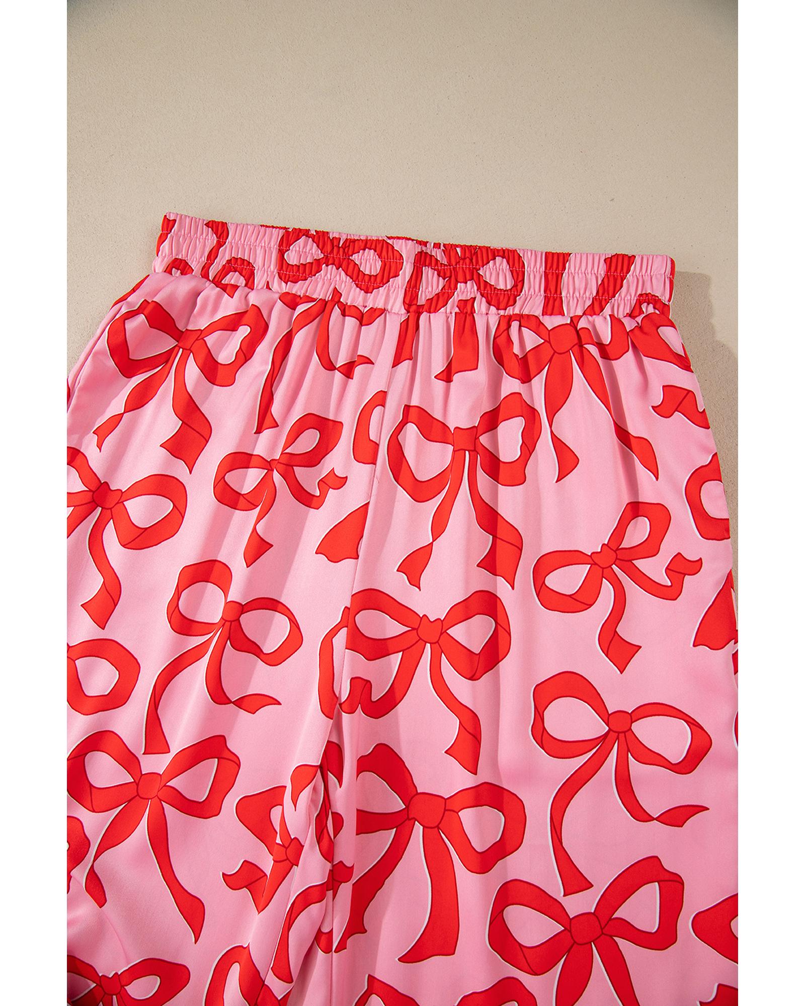 Pink 2pcs Bow Print Shirt Style Long Sleeve Pajama Set - L