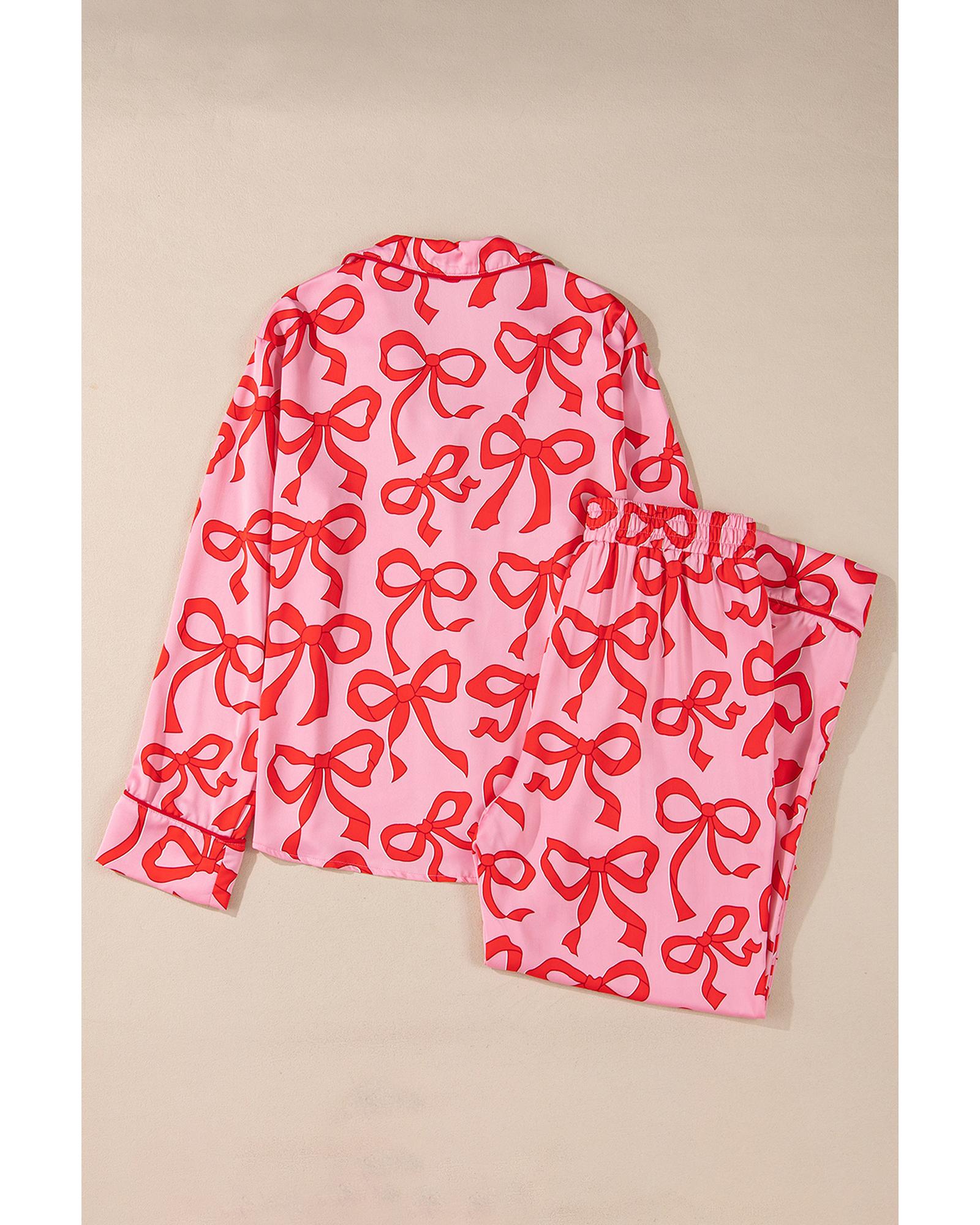 Pink 2pcs Bow Print Shirt Style Long Sleeve Pajama Set - S