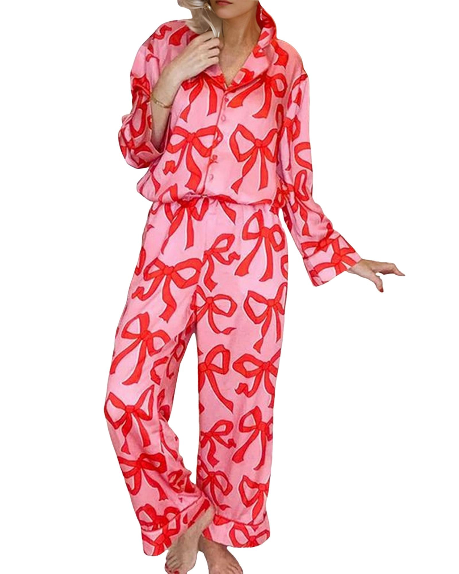 Pink 2pcs Bow Print Shirt Style Long Sleeve Pajama Set - XL