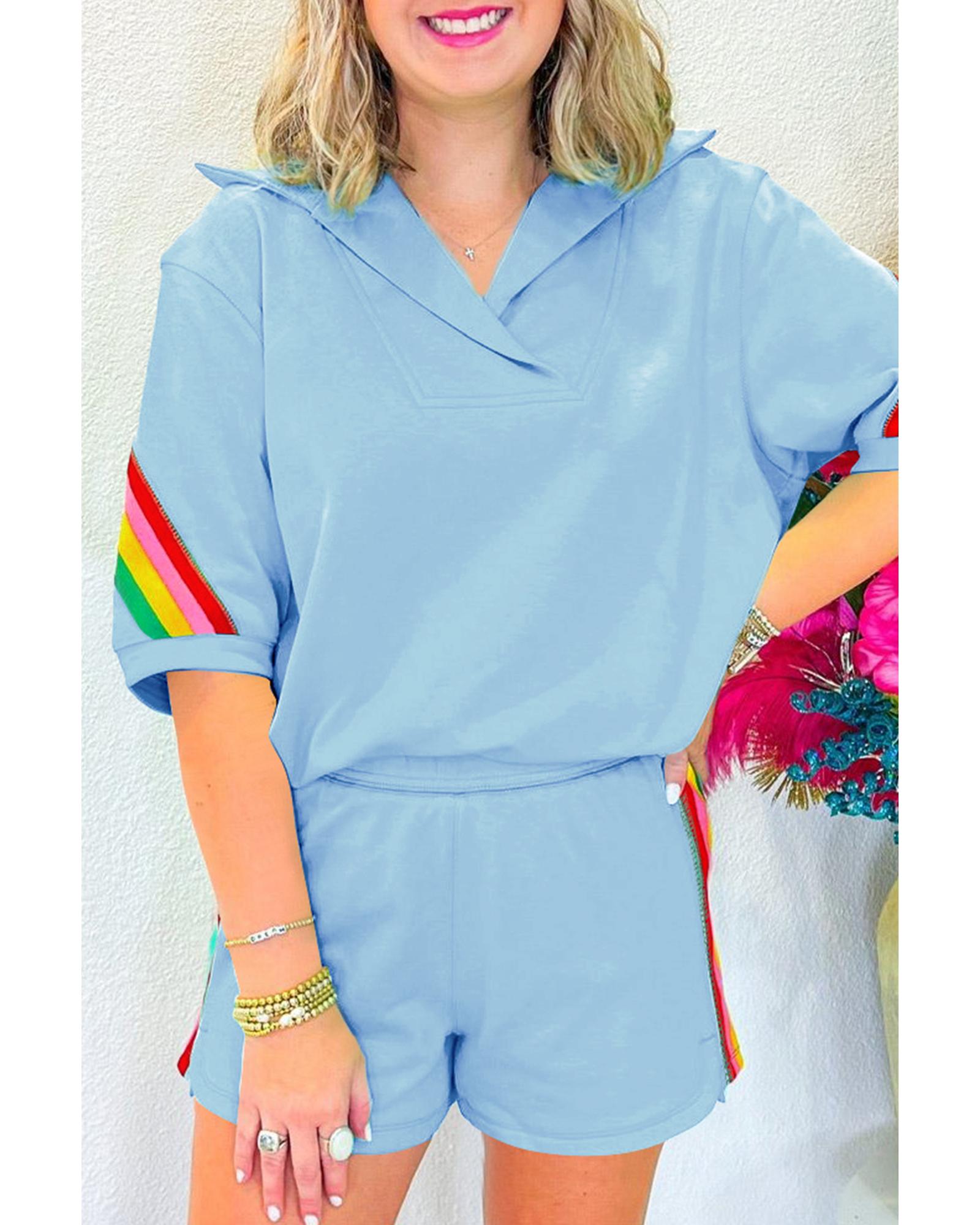 Sky Blue Rainbow Colorblock Collared Short Sleeve Top 2 Piece Shorts Set - S