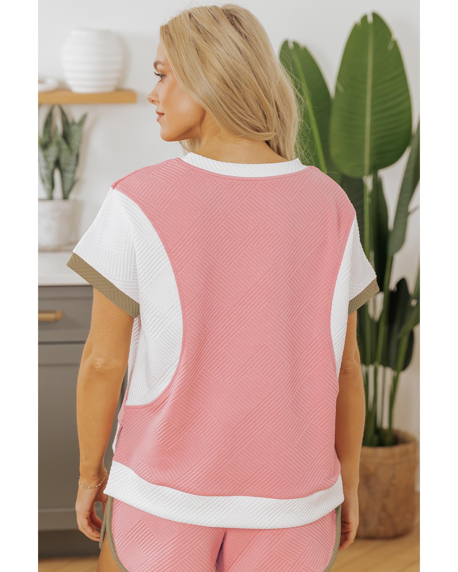 Pink Textured Colorblock Patchwork Tee Two Piece Shorts Set - M