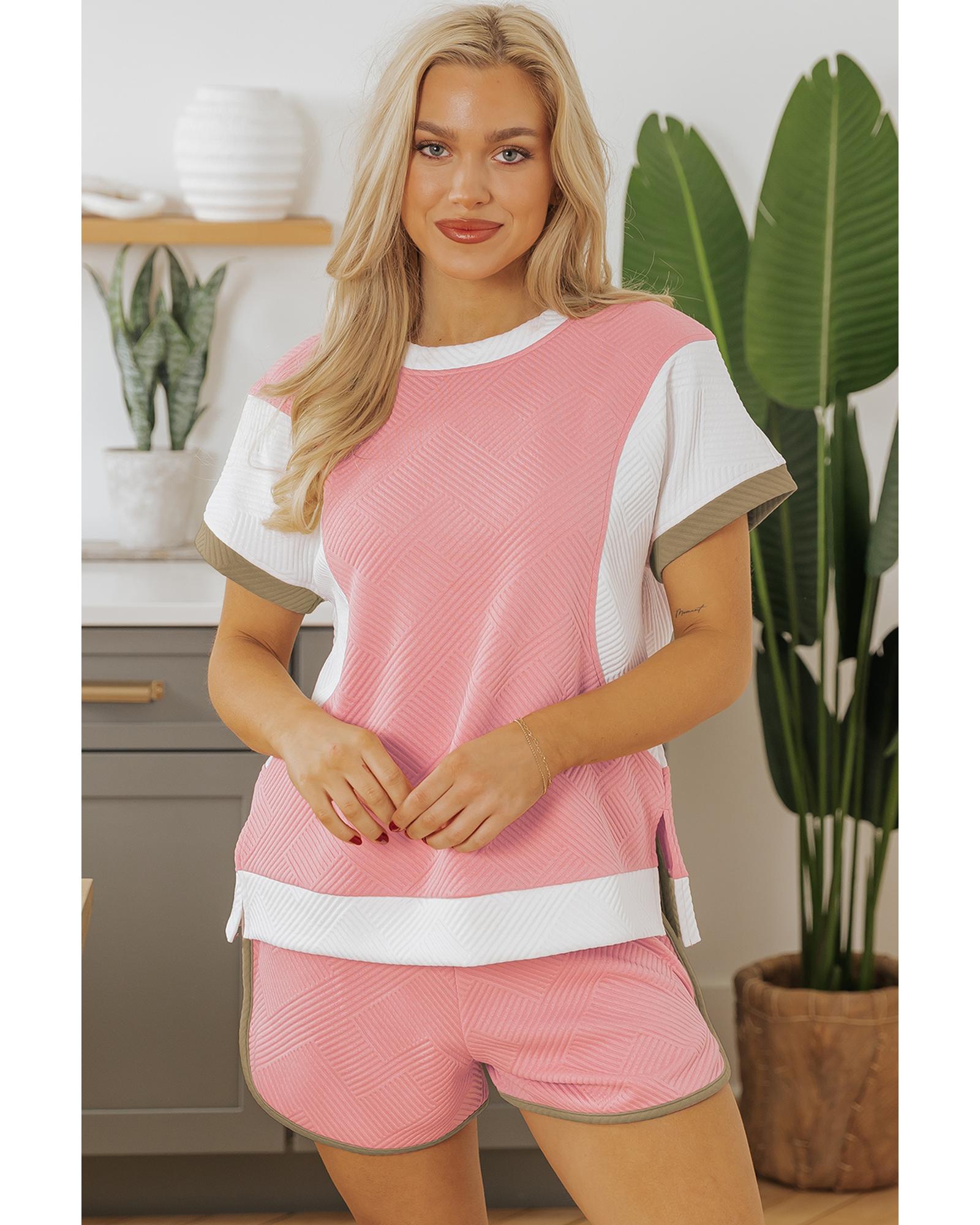 Pink Textured Colorblock Patchwork Tee Two Piece Shorts Set - XL