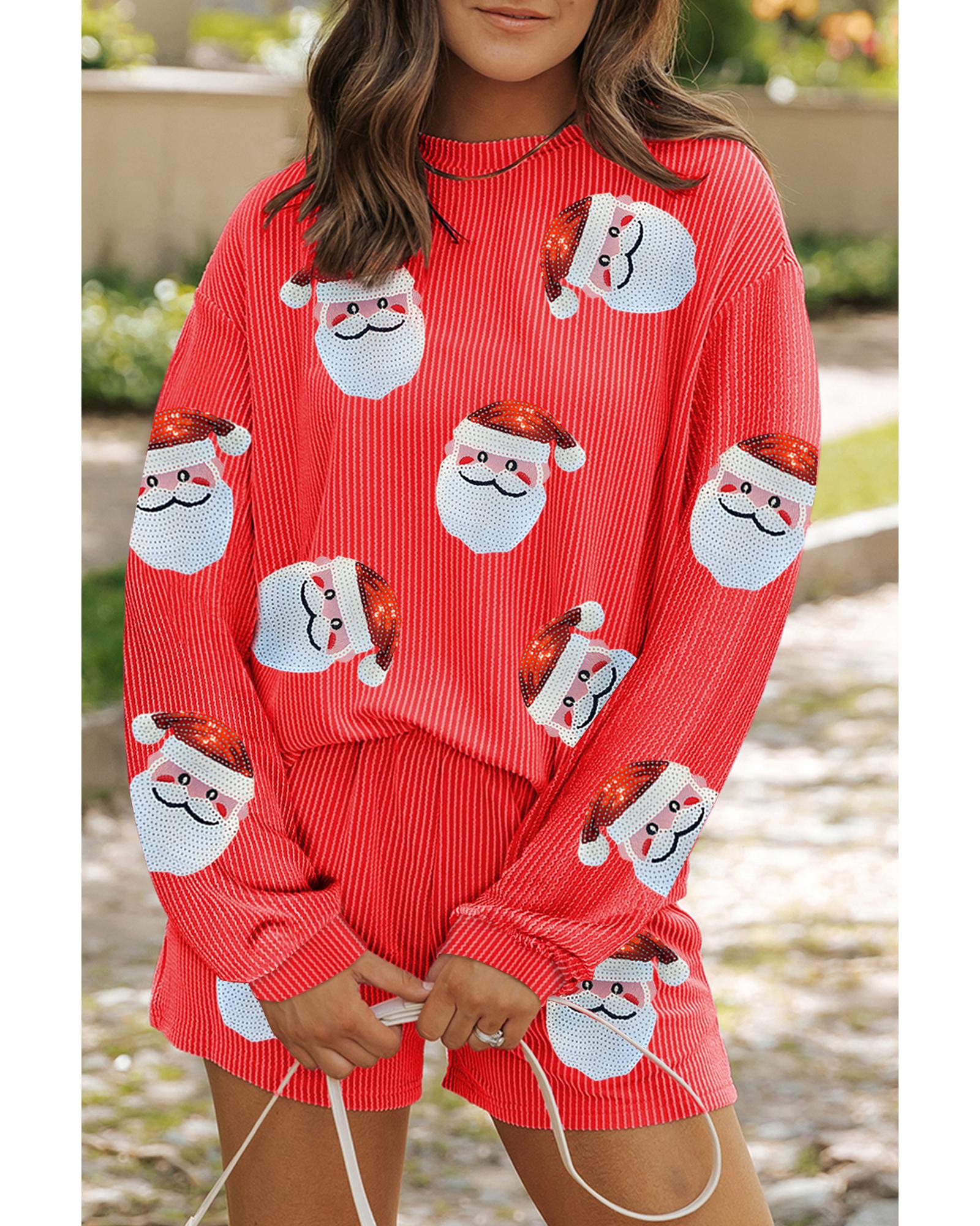 Gold Flame Sequin Christmas Santa Clause Corded Pullover and Shorts Set - M