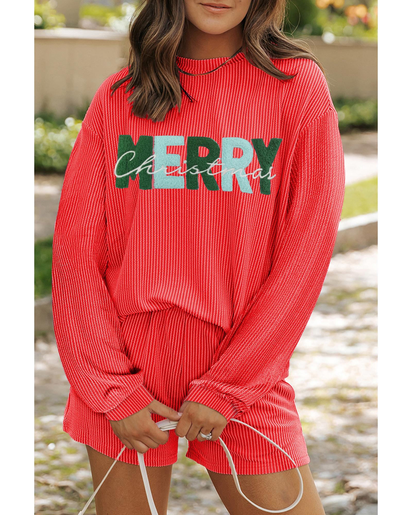 Gold Flame Corded MERRY Christmas Letter Top and Shorts Set - L