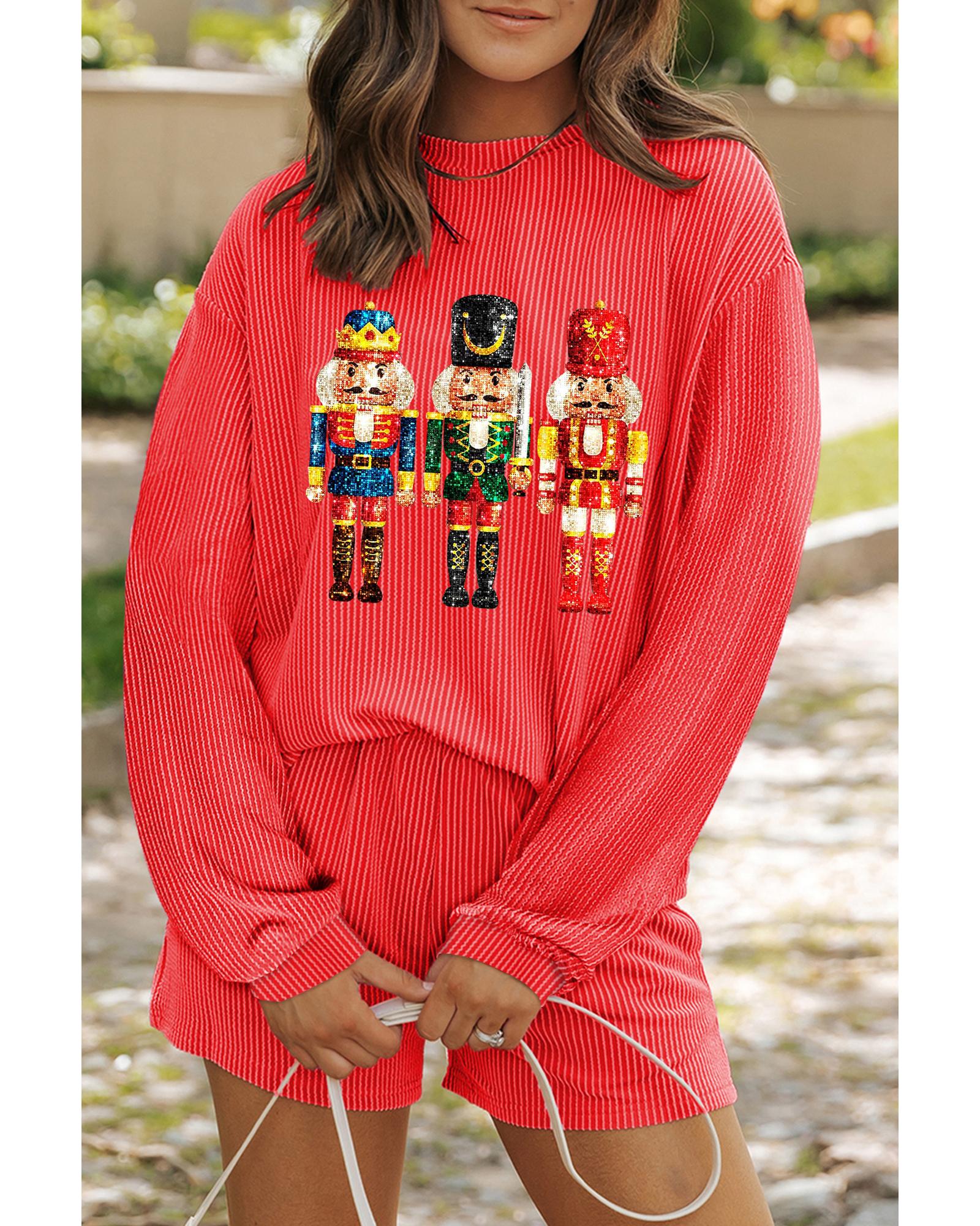 Gold Flame Heat Transfer Christmas Nutcracker Ribbed Long Sleeve Top Shorts Set - 2XL