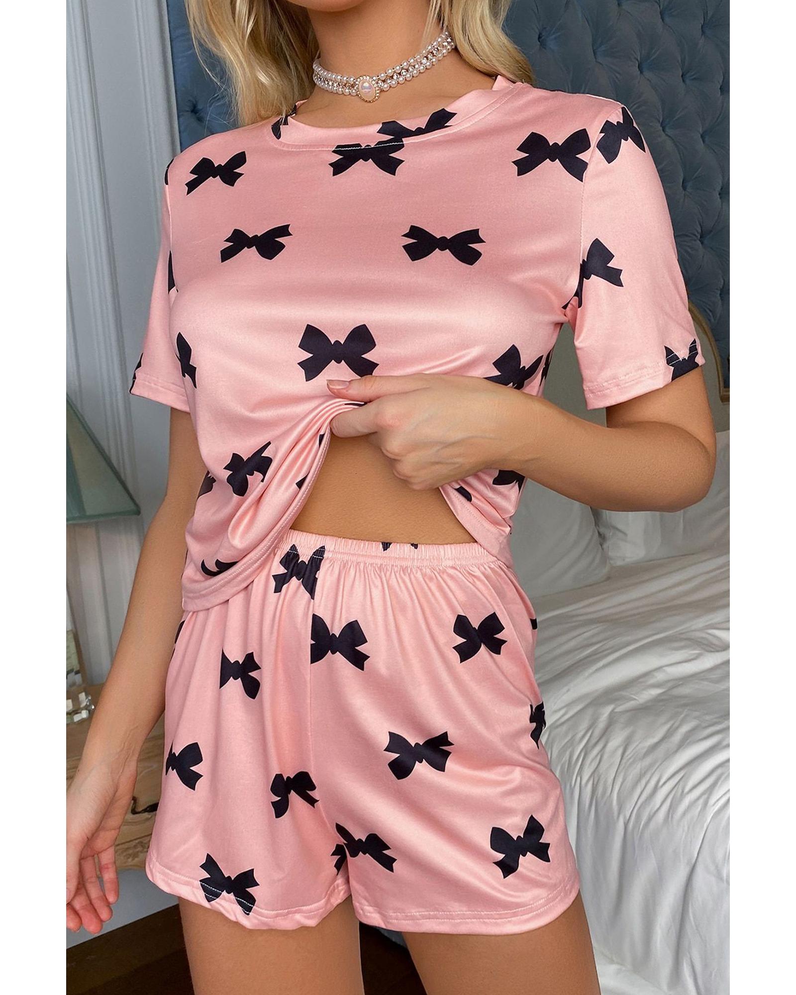 Pink Bow Printed Short 2pcs Lounge Set - M